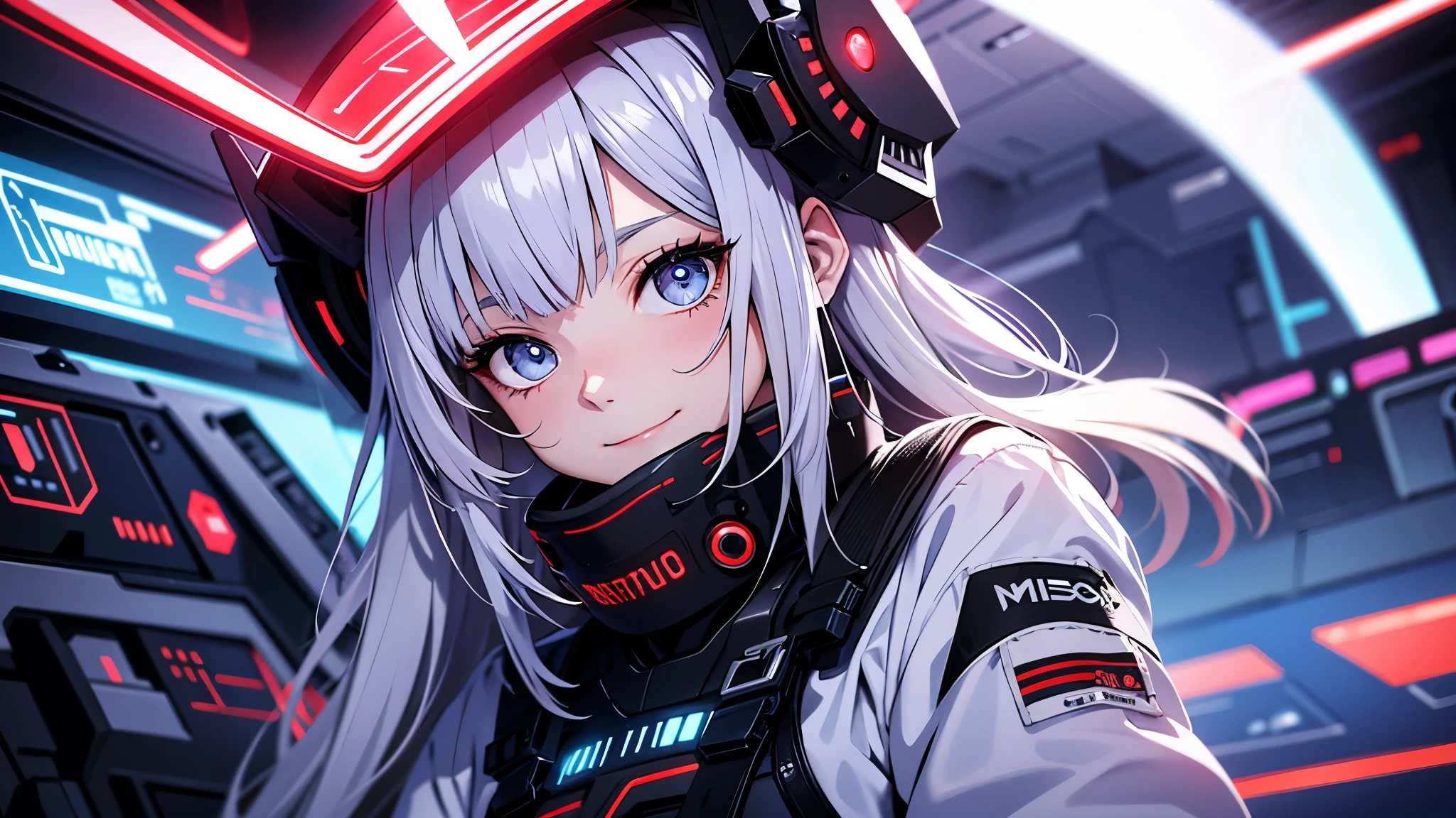 absurd resolution, high resolution, (mesa: 1.4), hiperdetalle, Silver-haired young woman dressed as a technician,Tono rojo de los ojos.、Ojos de tono morado sonrojados.、smiling expression, blue neon、Being in blue cyber space