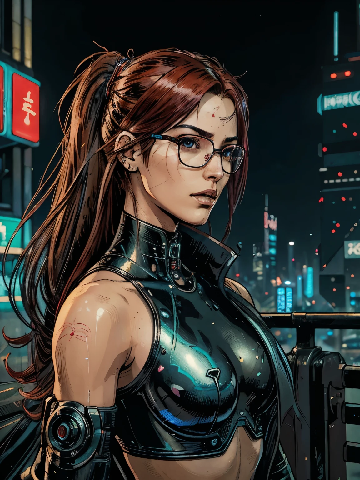 in cyberpunk city, cyberpunk photo, cyberpunk 2 0 y. o model girl, in a futuristic cyberpunk city, female, in a cyberpunk city, cyberpunk beautiful girl, in cyberpunk style, cyberpunk girl, futuristic cyberpunk tokyo night, at cyberpunk city, (tmasterpiece、4k resolution、ultra-realistic realism、The is very detailed), "Full and juicy lips, mesmerizing wide eyes, a defined jawline, and high cheekbones. A perfectly symmetrical face with distinct features.", wearing glasses, Japaneses, Irelia from league of legends, red-haired