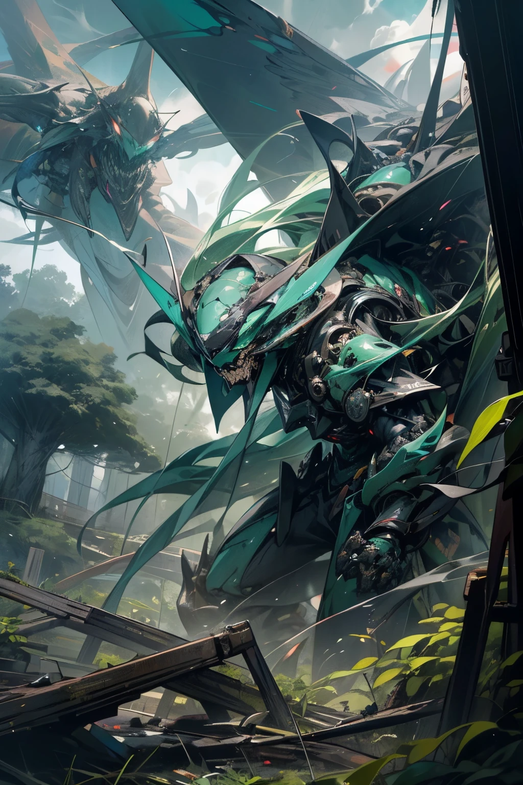 Amidst the chaotic scene, a swarm of hornets descends with relentless ferocity. The sky is painted with dark clouds, ominously looming above, as the trees around tremble and shiver in fear. The once serene landscape now stands disrupted, as the hornets, with their razor-sharp mandibles, relentlessly attack.

In this hyperealistic rendering, every gleaming exoskeleton of the hornets is intricately detailed, their wing-beats capturing an epic sense of motion. The cyan hue of their bodies contrasts dramatically with the lush green of the foliage and the ominous clouds above.

