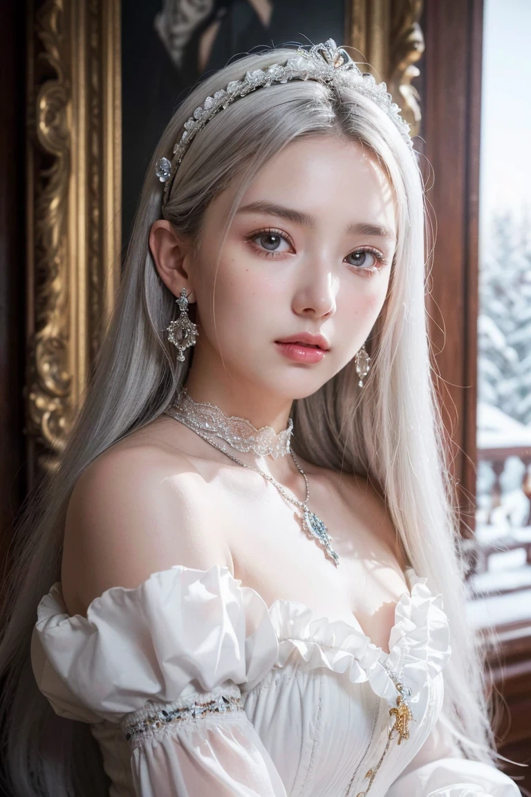girl,actual,(best quality, 8k, 32k, masterpiece, ultra high definition:1.2),beautiful big eyes, round eyes, pretty face,long, straight hair, from the front, best quality, ((actual)), high quality, Super detailed, ((real picture)), ((actual skin)), ((actual face)), side light, (actual body, nature, [(Detailed face:1.2):0.2], shining eyes, looking at the audience, Beautifully,high quality, rich and colorful, (photography, photoactual:1.1), (perfect face:1.4), very long hair, silver hair, white hairband, crystal earrings, Cross Necklace Virgin Killer Set, perfect face, pretty face蛋, perfect eyes, very long hair, oil painting style, detailed Artwork, Art:, antique:, Gorgeous tiara crown, very beautiful victorian princess, 19th century, Front view, Cowboy Xiao, white hair, wearing a big collar, Big ruffle collar, Detached sleeves, long sleeves, decorate, white corset, intricate fabrics, soft light, very detailed eyes, masterpiece, best quality,Close-up from waist up, winter, Snowing day, outdoor, baroque church