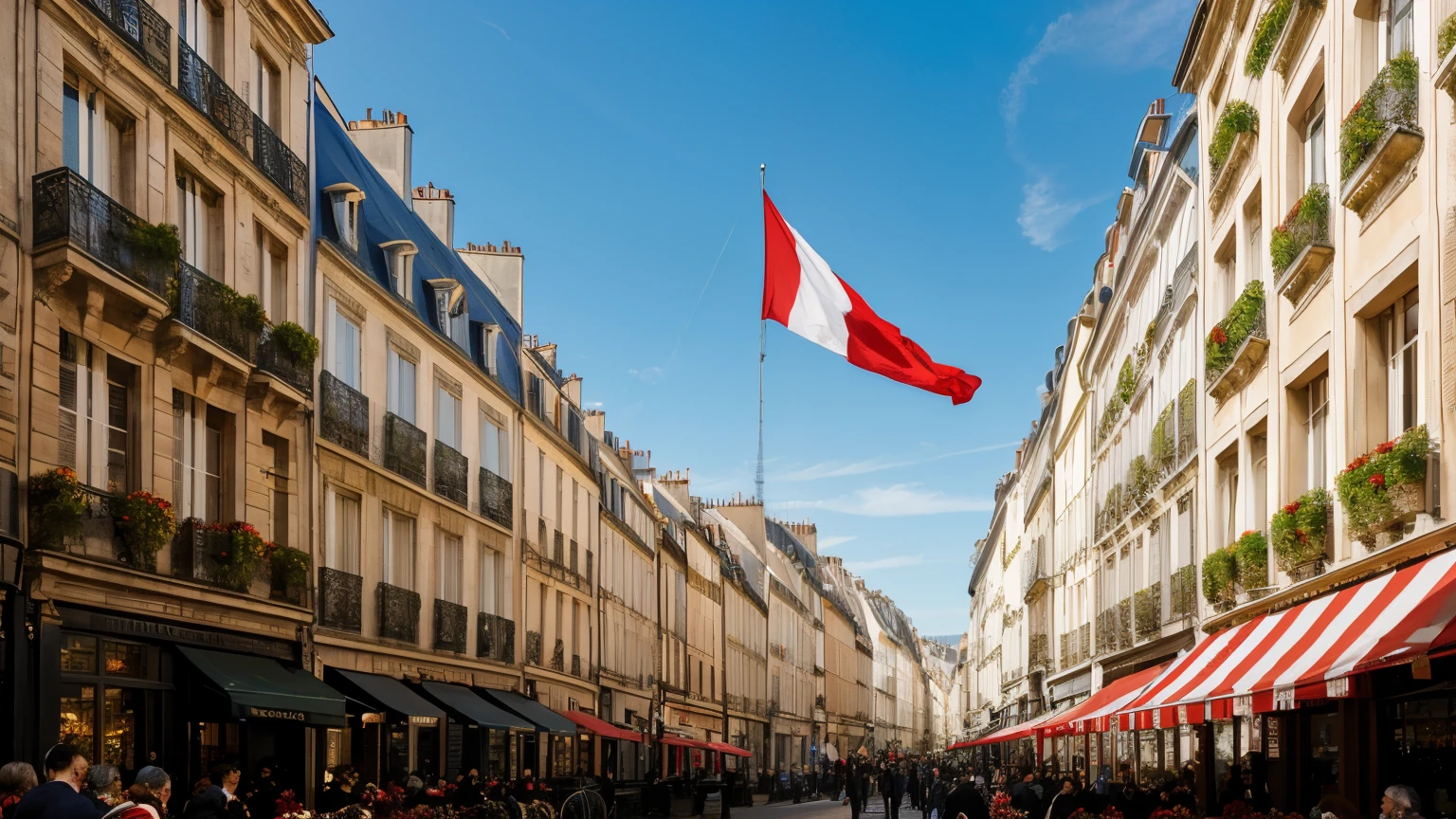 French flag wavering in the gentle breeze,
Realistic rendering of tricolor design,
Blue, white, and red stripes,
Subtle shading and intricate details,
Waves undulating gracefully,
Gallic cockerel proudly perched at the canton,
Flags fluttering against the backdrop of a Parisian square,
High definition, super realism,
Flags adorning the balconies,
People gathered around, looking up in awe,
Festive atmosphere, bustling streets,
French national pride on full display,
Authentic and captivating depiction.