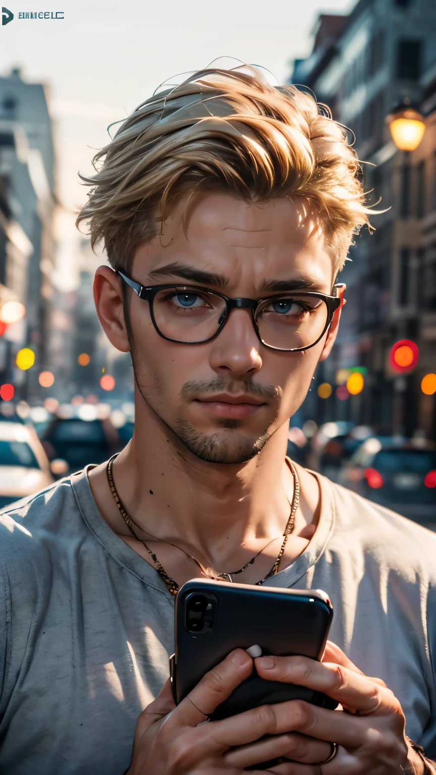 (masterpiece, best quality, RAW photo, 8k, highest resolution, intricate details) trending on artstation, hasselbad, portrait, closeup head and shoulders, male, 1man, 30 years old, blonde dyed hair, frown, trendy haircut, mullet, glasses, looking at viewer, (holding smartphone), bokeh, depth of field, geeky, nerd, streamer, goof, zoomer 