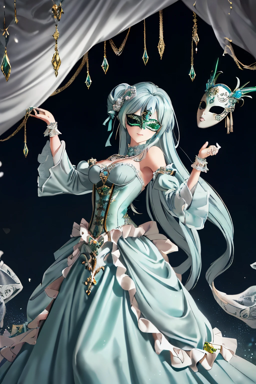 ((light blue hair)),(Twin-tailed longhair),((She is wearing a mask like one would wear at a masquerade ball.......)),((mask covering eyes)),((Show off your body line beautifully、One-piece dress with a flowing silhouette.,Green and silverと黄色のドレス)),(flare sleeves),((corset)),((The hem of the dress is long enough to reach the ground..)),(A chaotic worldview mixed with black, Green and silver),(Tartarus),(Hellish world),((abyss)),((Have the hem of the dress、please accept me as a nobleman'Daughter of....)),(invincible smile),((The hem of the dress sways as if dancing......))