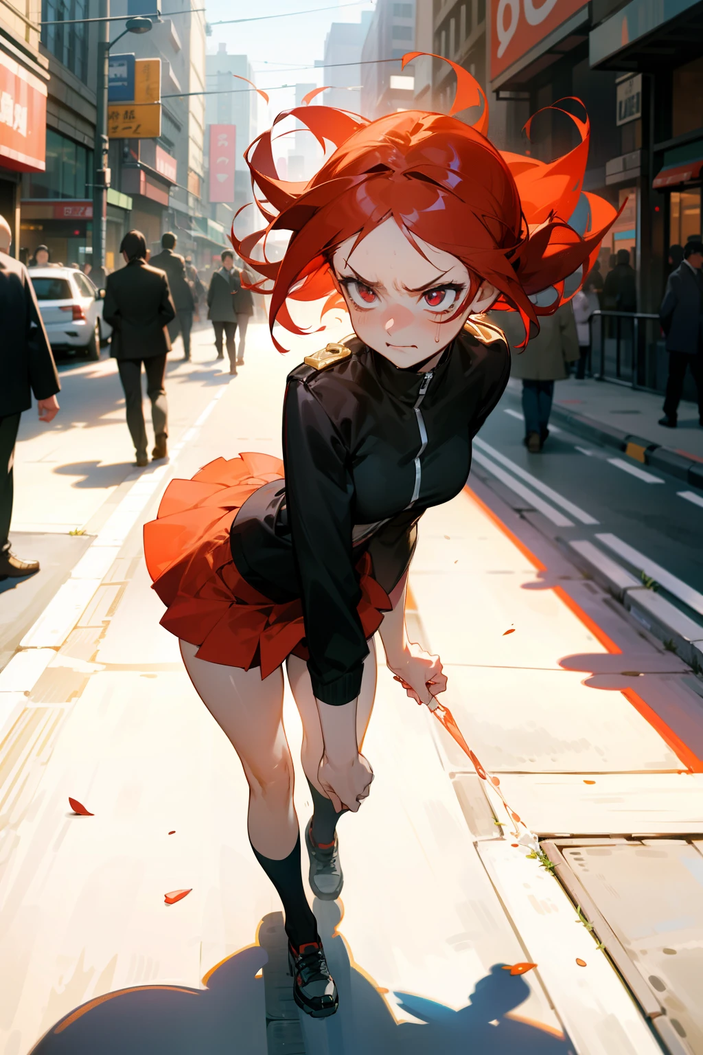 IIIIBRAAAAGIIIIIIIMMM!!! A girl with fiery red hair, her face contorted in anger and embarrassment, stands stock-still in the middle of a bustling city street. She wears a mini skirt, her legs spread wide, as she tries to keep her composure while leaking urine. Her eyes are red and teary, her mouth closed tight in an attempt to hold back any sound. Passersby look away, unaware of the scene unfolding before them. The sun sets in the background, casting long, dramatic shadows across the scene. The ultra high resolution of the image captures every detail, from the fine hairs on the girl's legs to the intr