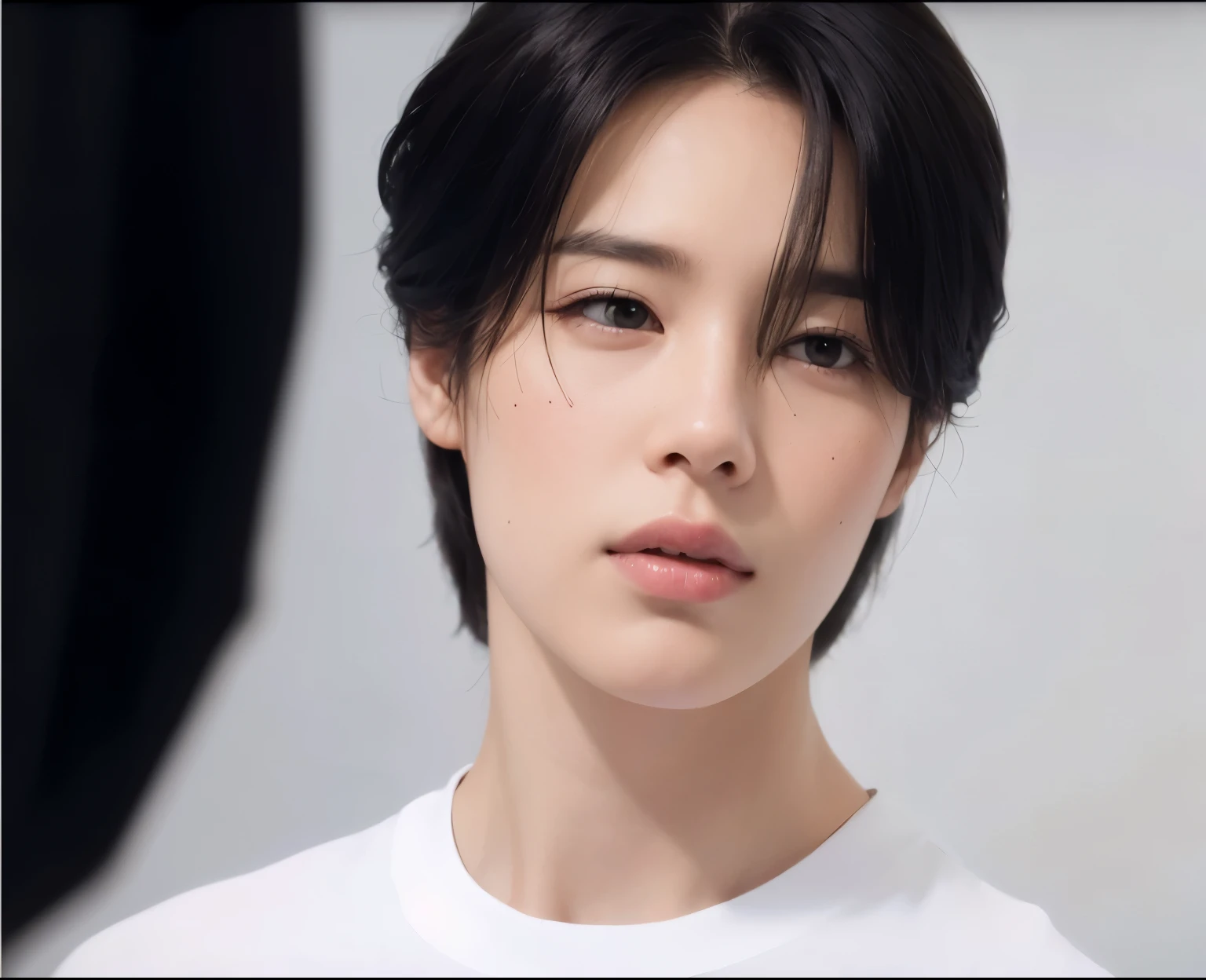 Jimin from bts, jimin, park jimin, doll eyes, freckles all over the face, high quality, good lighting, angelic beauty, full lips, doll lips, round eyes, porcelain skin, smooth skin, pale skin, jimin from bts, jimin, Alta calidad, good lighting, doll beauty.