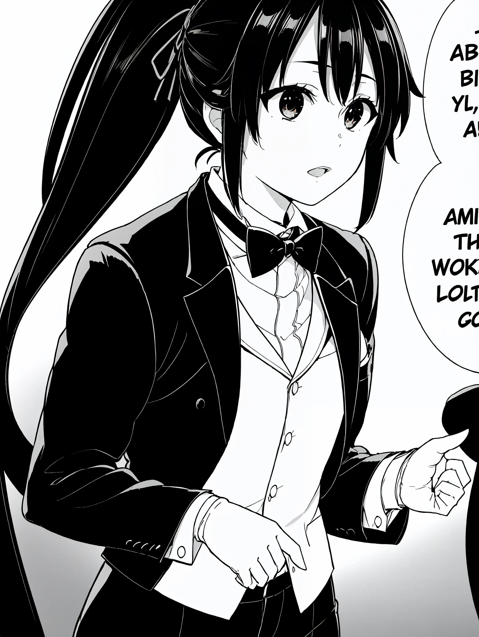 (masterpiece, best quality:1.2), 1girl, solo , yukinoshita yukino,b,classic black tuxedo,crisp tailored suit,sharp edges,perfectly fitted attire,sleek satin lapels,elegant bow tie,swagger,luxurious fabric