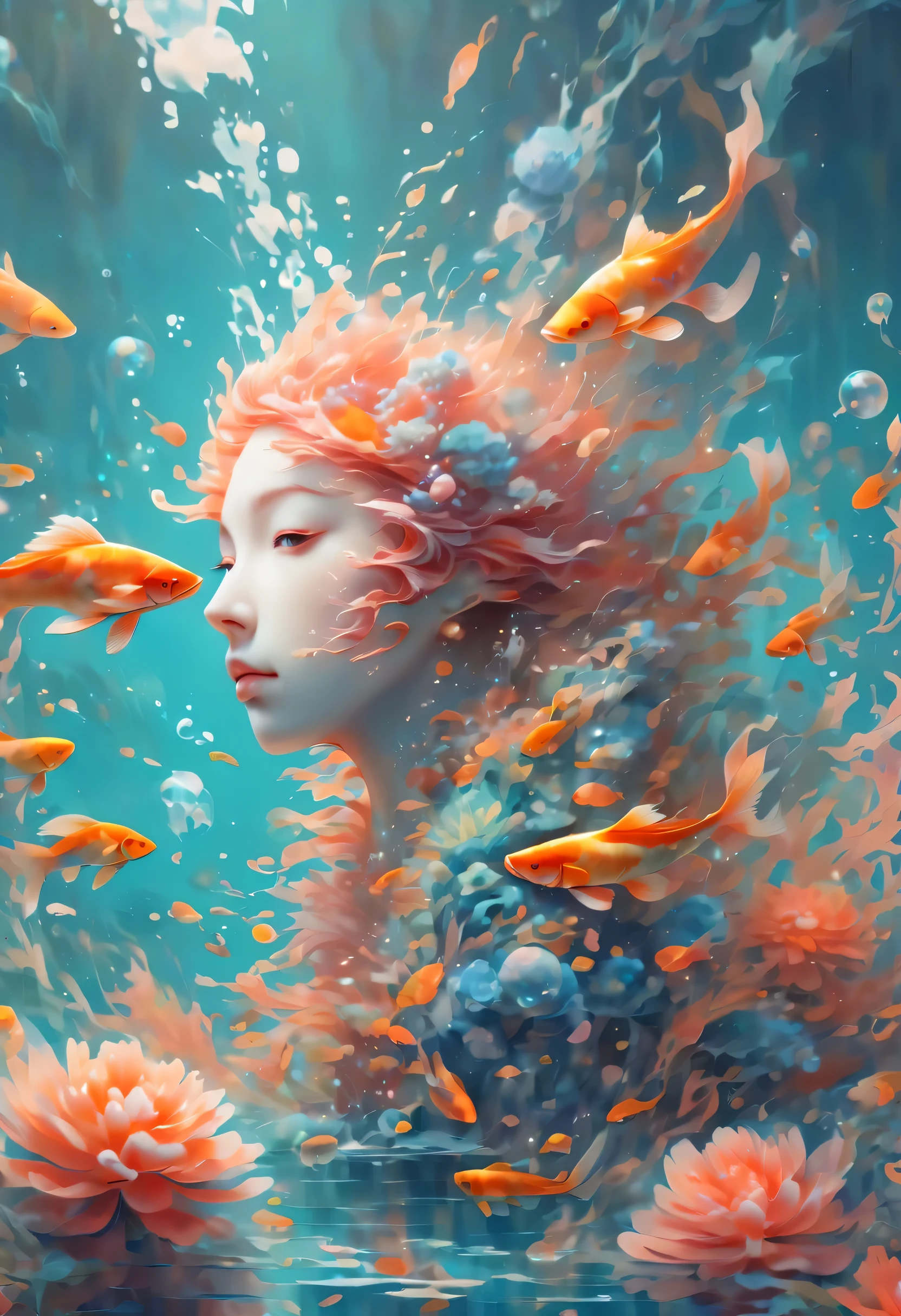 Model shooting style, (Extremely detailed CG unified 8k wallpaper), A chaotic storm of complex liquid smoke rising overhead, Stylized abstract portrait of beautiful man, moist skin,Require，beautiful koi，Groups of koi carp,carp，Strangely shaped coral，seabed，Beautiful coral reef in the background，rock,marine life，author：Petros Afshar, Ross Tran, Tom Whalen, Peter Moore, Art sprouts, shattered glass, ((Bubble-filled underwater scenery)) Radiant Octane rendering is incredibly detailed