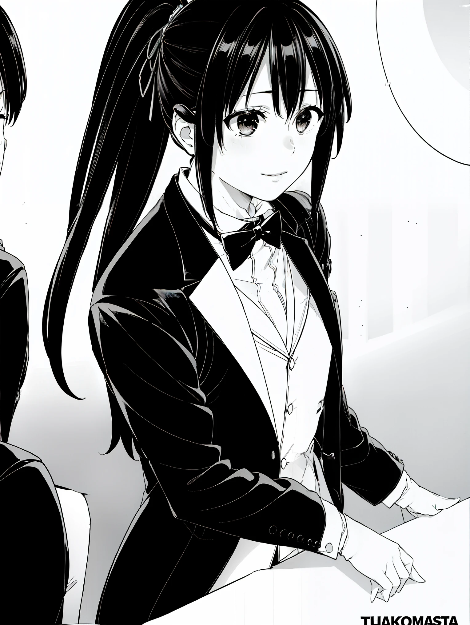 (masterpiece, best quality:1.2), 1girl, solo , yukinoshita yukino,b,classic black tuxedo,crisp tailored suit,sharp edges,perfectly fitted attire,sleek satin lapels,elegant bow tie,swagger,luxurious fabric