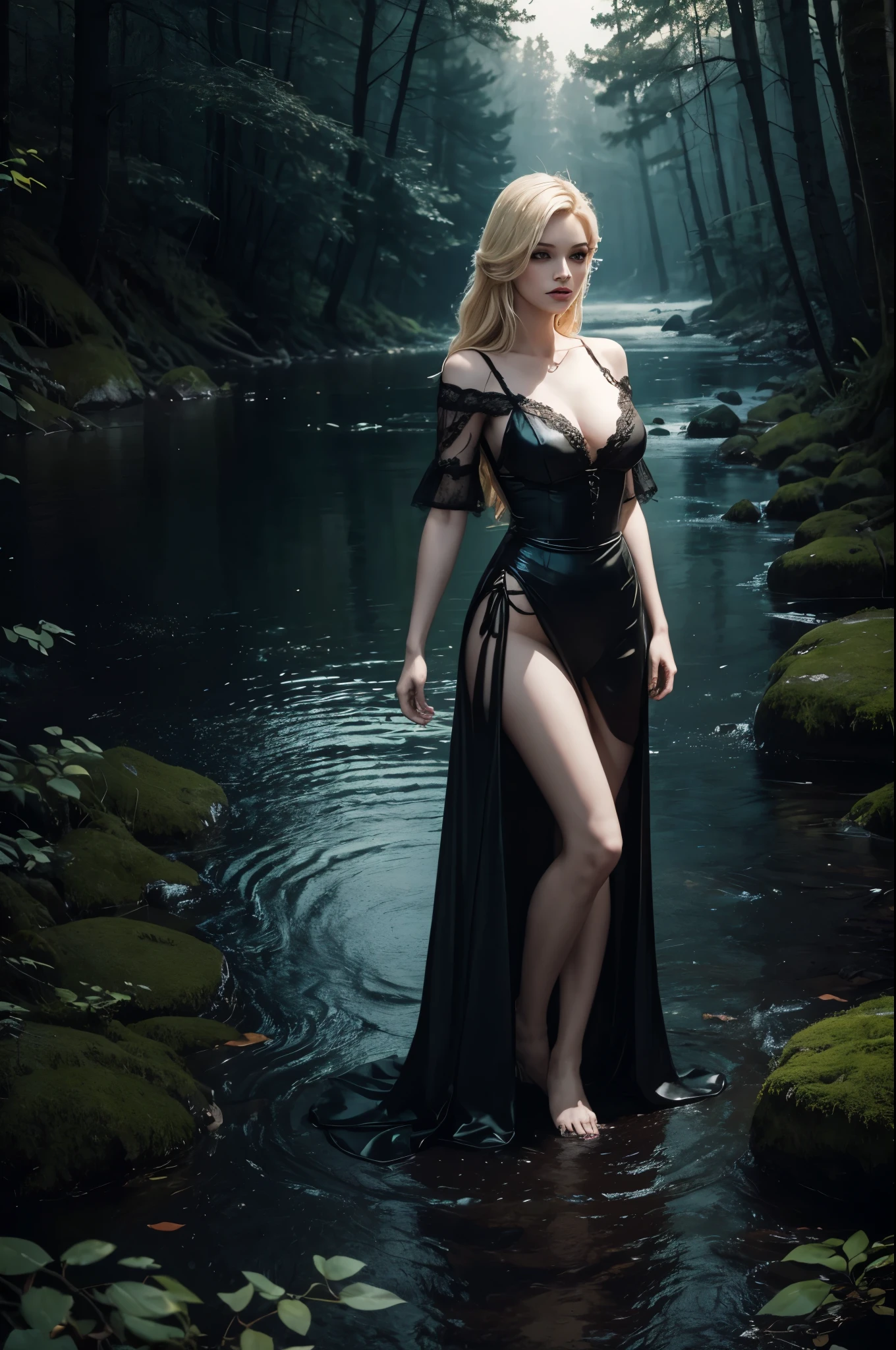 (Night in a deserted woods by a river). Vampire woman, (full body), blonde, pale skin, fangs bared, hungry, sexy black nightgown, attacks a human male fisherman. in the style of a painted book illustration, dramatic lighting, (depth of field), ((masterpiece)), ((best quality)), ((highly detailed))