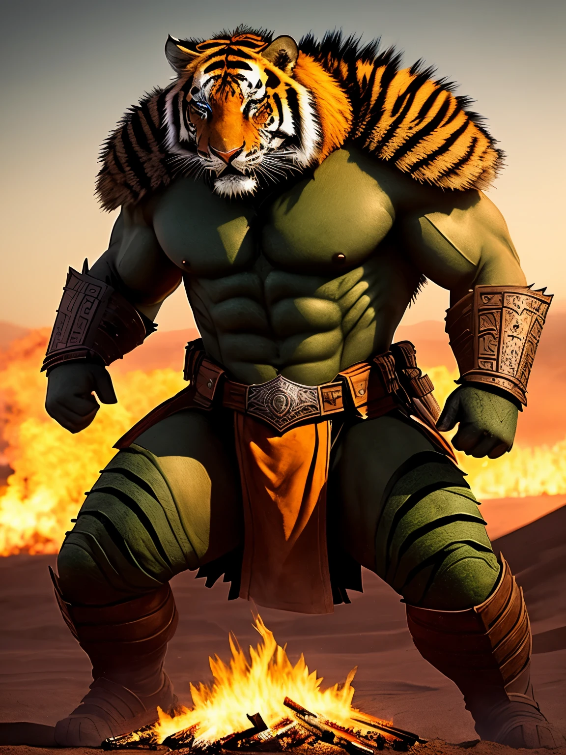 Warrior Green similar to a very large hyper realistic Tiger with a large armor, magical world of Conan, with a look of ferocity, next to a bonfire in the desert, at night, in an action pose, angle focusing on the face   decaudaed wire]:1.3), (intricate decaudas), hdr, (intricate decaudas, hyperdecaudaed:1.2), cinematic shot, vinheta, centrado