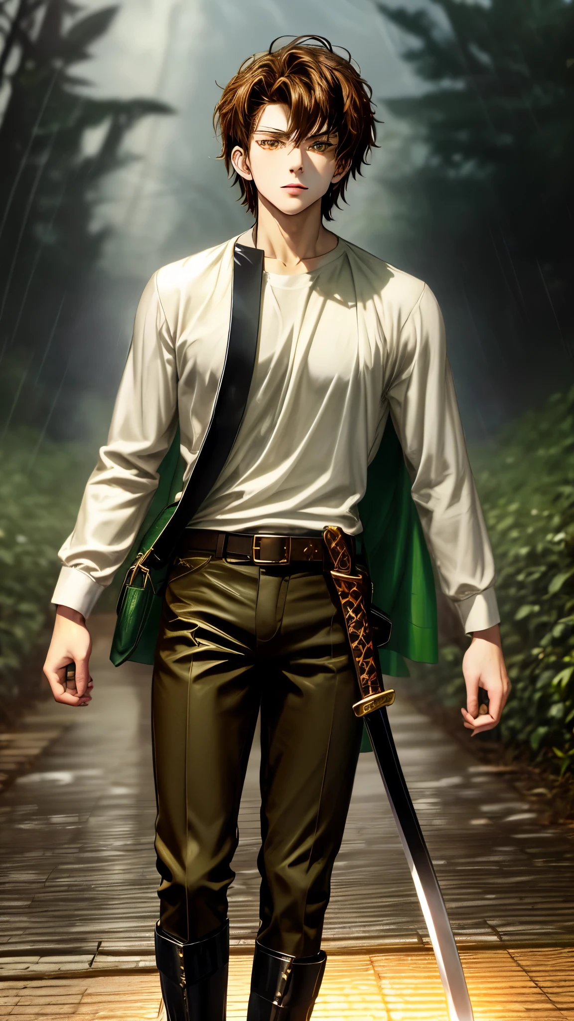 In a bustling city under the pouring rain, a young man of average height stood at 5'5" (165 cm), weighing 120 lb (54 kg). His slightly spiky chestnut-brown hair and green eyes (brown eyes in the light novel) caught glimpses amidst the downpour. Clad in an adventurer outfit, he wore a gold-trimmed green mantle, a white shirt, pants, and leather boots. A short katana, Chunchunmaru, hung from his belt, replacing his initial short sword.