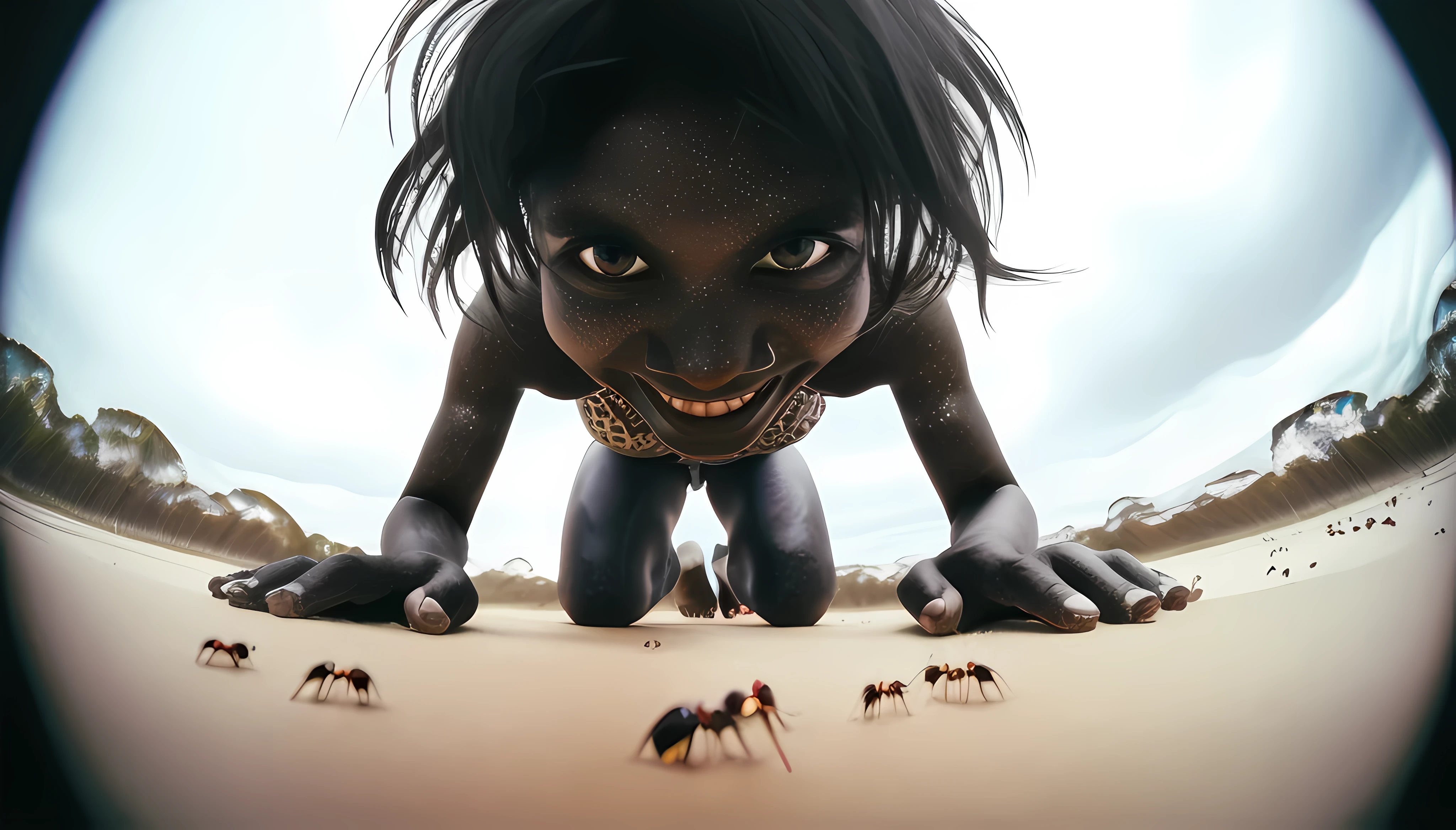 there&#39;s a black girl crawling in the sand, bare feet, Pairando sobre Ant POV, perspectiva da formiga, ant pov, POV de uma formiga, crawling towards the camera, formigas, ant pov from the floor, Foto da National Geographic, night time, Vision of the ant's eye, Tasmania as a background environment