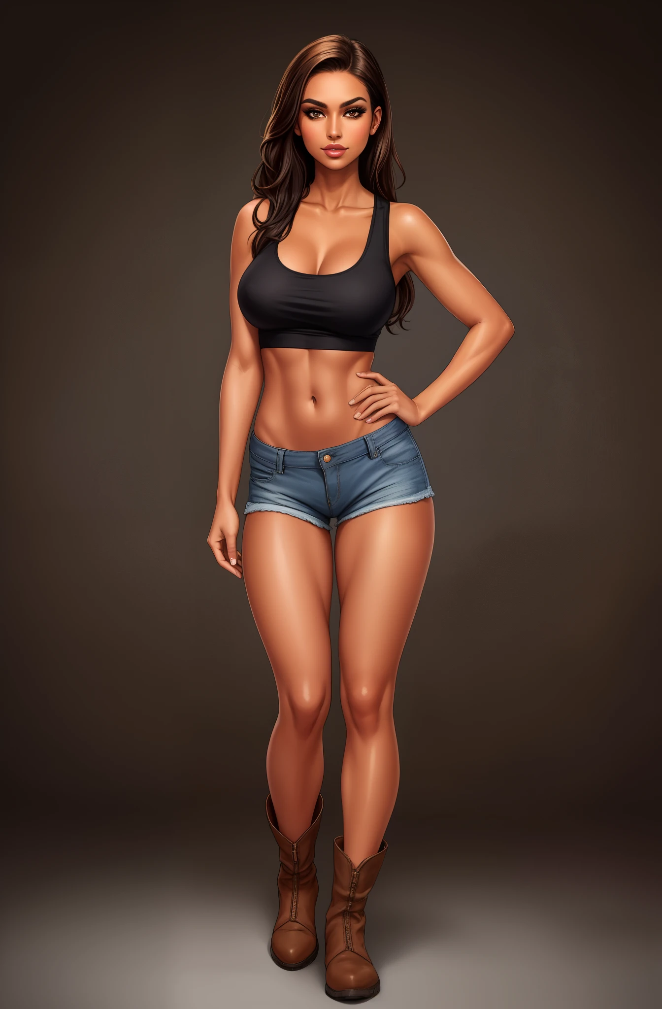bronze skin, tanned, gorgeous woman, full body shot, lithe, blank background, black background, tattered clothes, tank top, shorts, boots