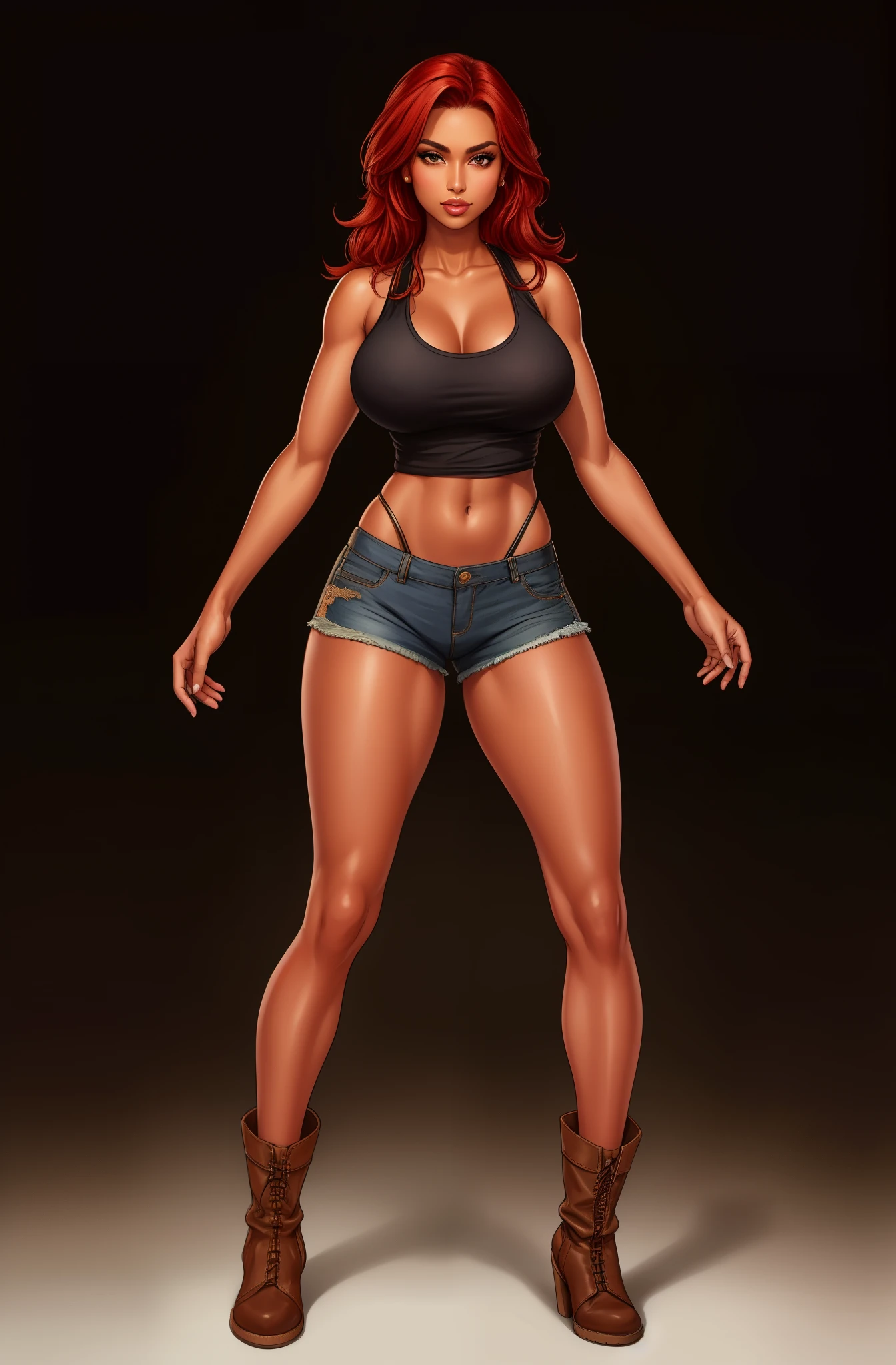 bronze skin, tanned, gorgeous woman, full body shot, lithe, blank background, black background, tattered clothes, tank top, shorts, boots, red hair, asian