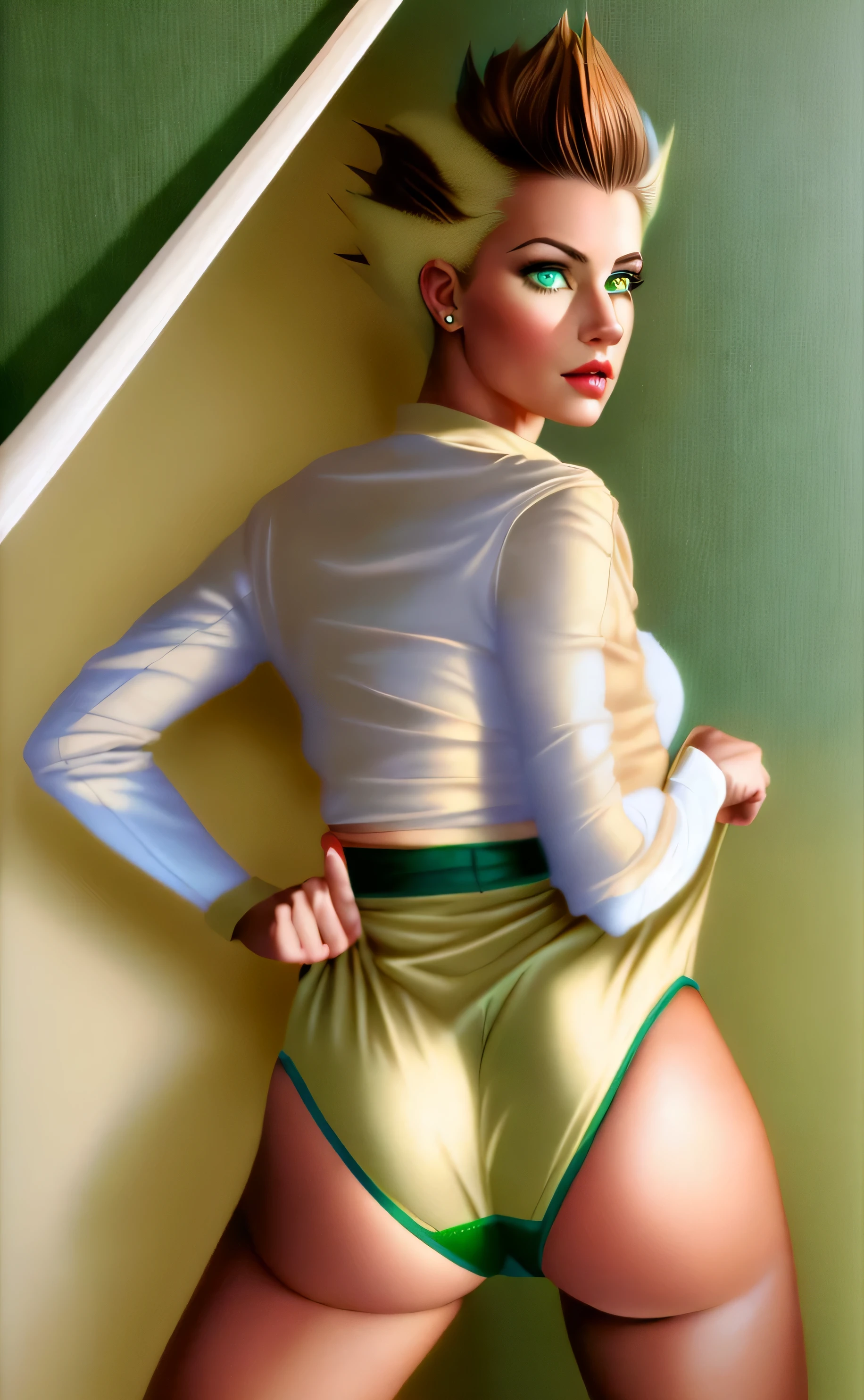 ((((masterpiece, best quality)))), ((34 year old)), (((Curvy))), ((((Caucasian woman with brown spiky hair))), ((heterochromia blue and green eyes)), in ((beige long sleeve shirt)), tugging up her ((green cotton panties))), (((Large Hips))), ((standing in a dressing room)), ((ear gouging)), (((realistic art style)))