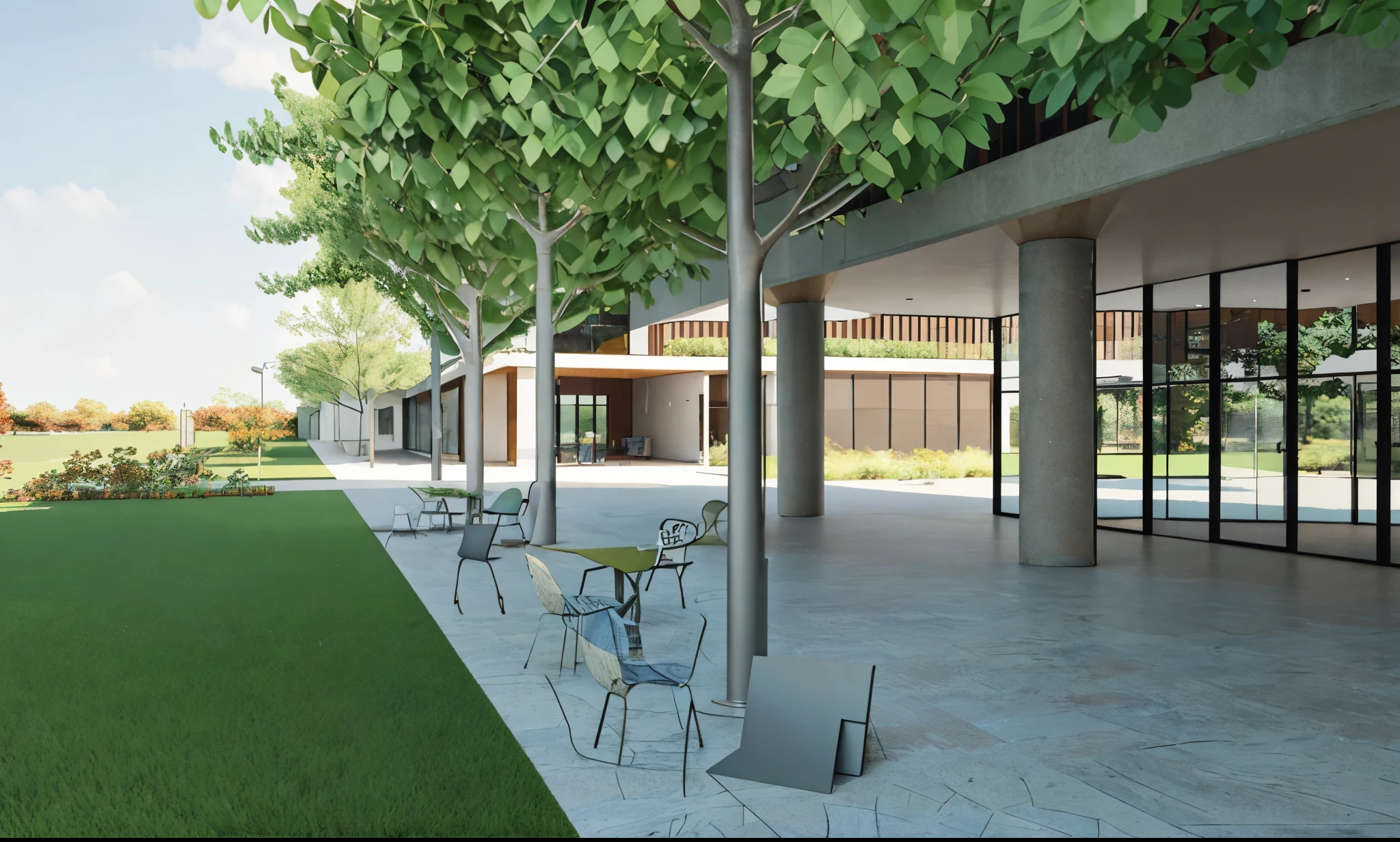 Rendering of a courtyard with tables and chairs and trees, architectural rendering, digital Rendering, detailed Rendering, architectural rendering, architectural visualization, school&#39;s yard, photographic rendering, detail rendering, conceptual Rendering, high detail rendering, professional rendering, digital rendering, 3D rendering view, detailed rendering, finalrender, architectural 3D rendering, Rendering, photo rendering, renderizar 3d, renderizar pessoas