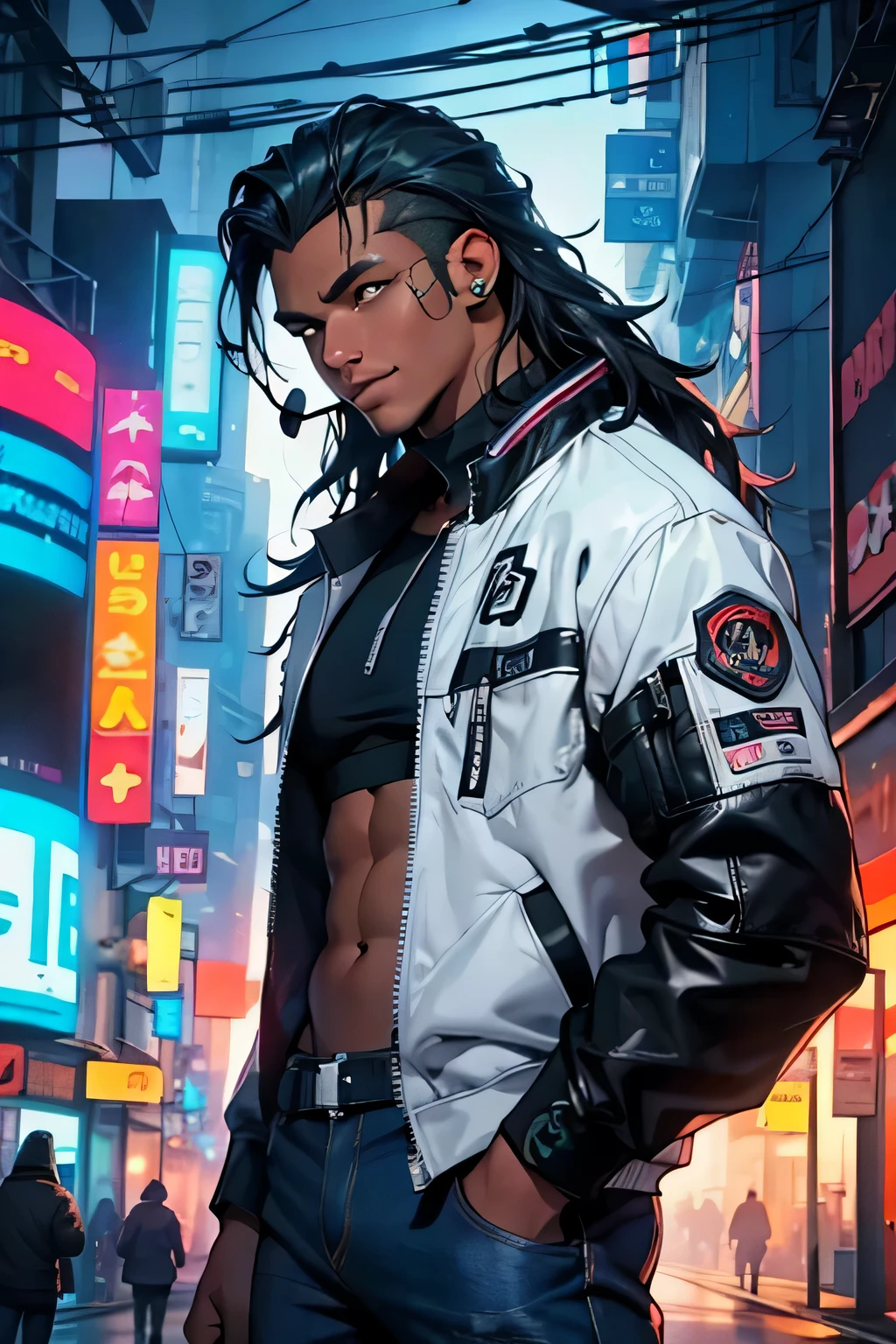 homem de pele negra, cabelo verde, Deadlocks , olhos abertos, jaqueta branca, sorriso, cabelo longo, boca fechada, bandages, street pants, corpo musculos, primeiro o rei, headset branco, jaqueta com detalhes em neon, headset com detalhes neon, Ciberpunk, sem camisa, Full HD