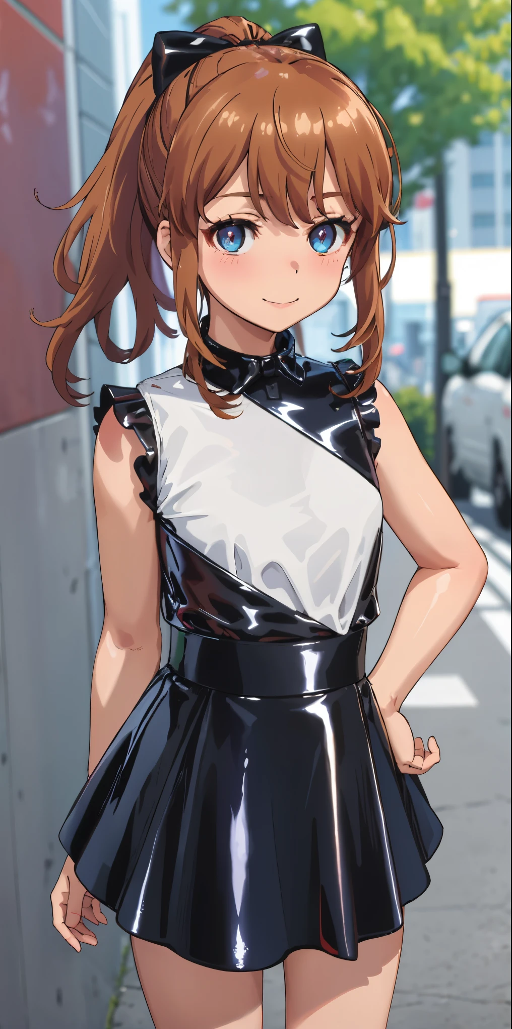 best quality, (masterpiece:1.2), highly detailed, standing, street,
1girl, solo, akatsuki minami,
looking at the viewer, closed mouth, smile, slight blush,
blue eyes, brown hair, ponytail, hair bow, sleeveless, ((dominant girl, latex skirt,  latex shirt))