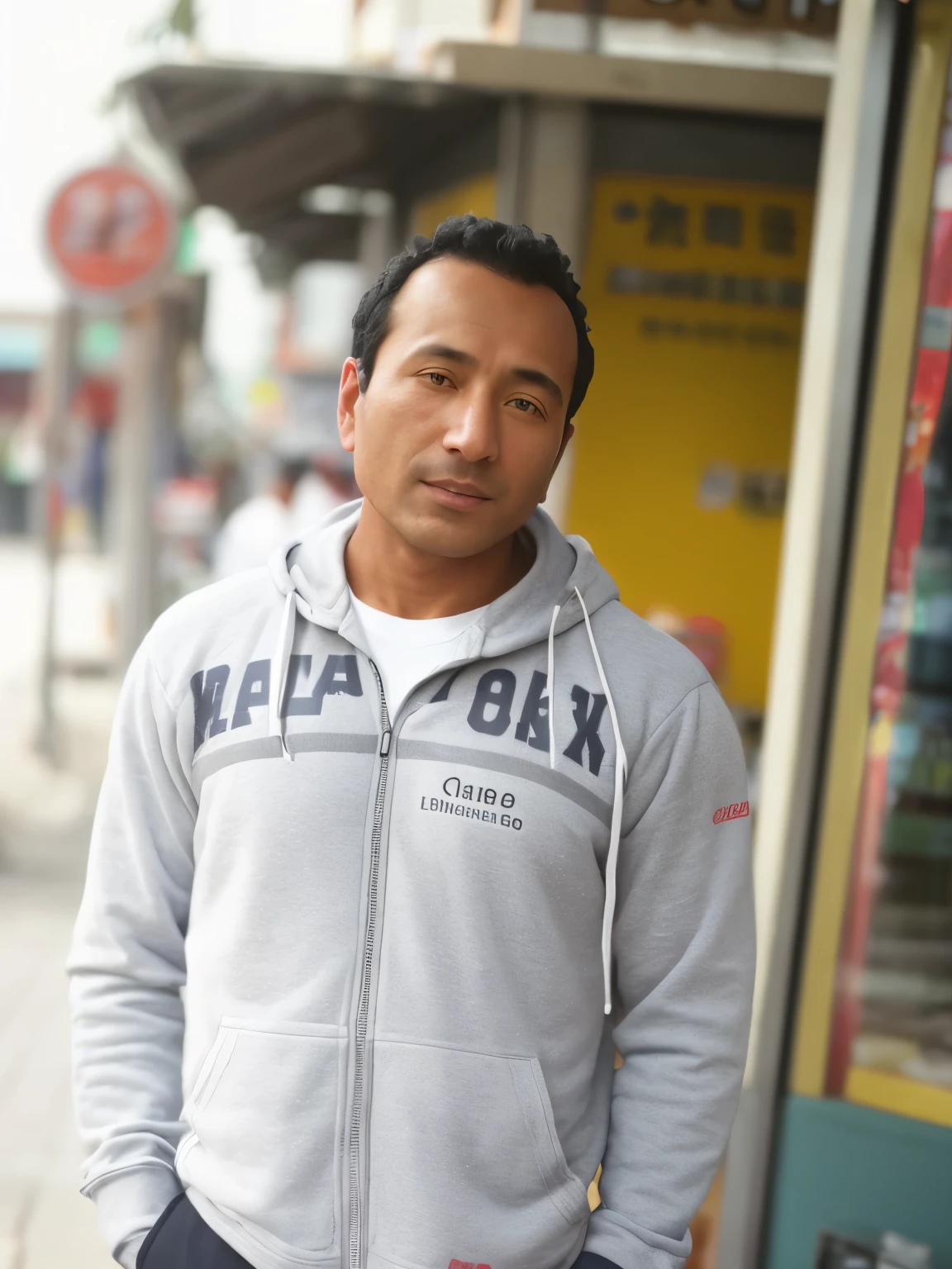 arafed man in a gray hoodie standing in front of a store, taken with sony alpha 9, candid picture, inspired by Kailash Chandra Meher, a photo of a man, full body photogenic shot, profile pic, photo of a man, standing in township street, taken with canon eos 5 d mark iv, profile picture, handsome man, casually dressed