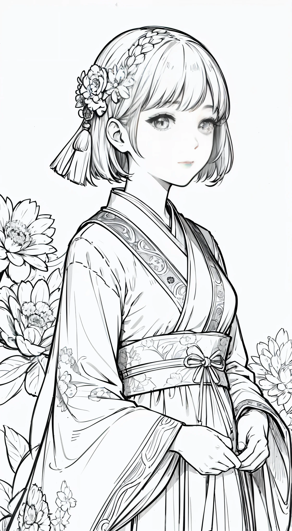 masterpiece, acura, doll, solo, hanfu, short hair,close-up, flower line drawing background, white background, monochrome, line drawing, ((sketch))
