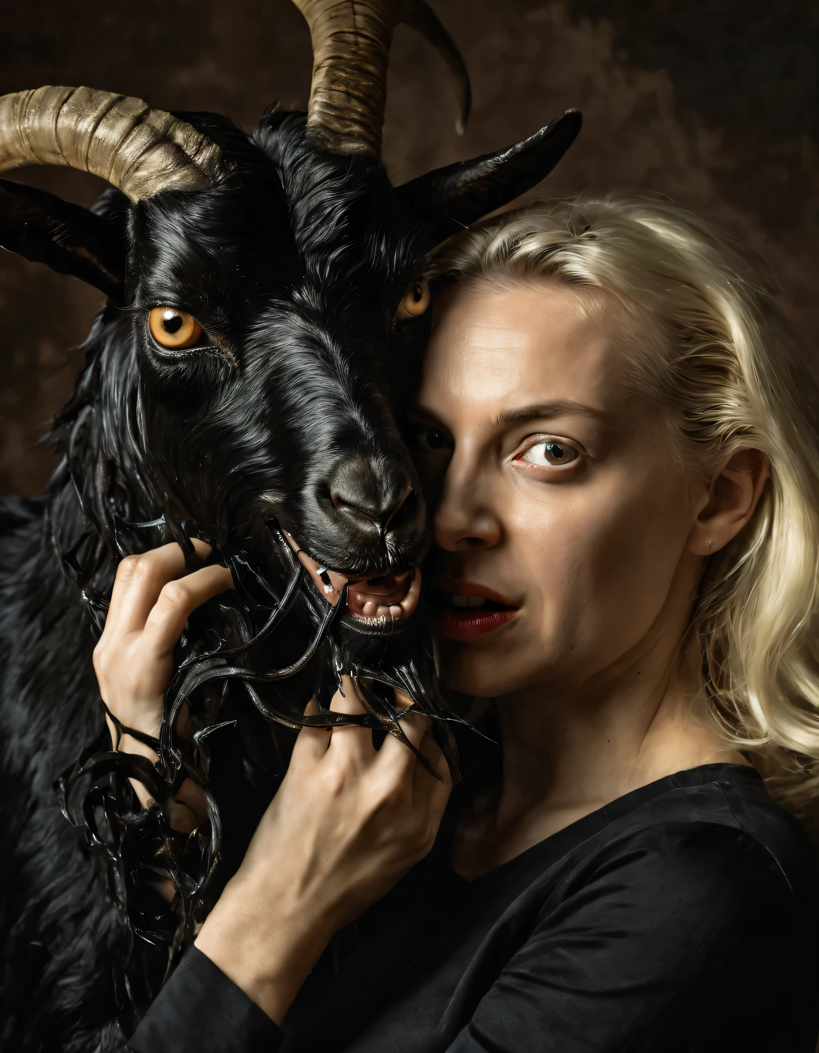 "(The best lighting, alto contraste, oscuro, dramatic),(Chica rubia junto a una cabra negra gigante, Open the rib cage, feto, autopsia, huesos humanos, sangre por las paredes). Luz Caravaggio"