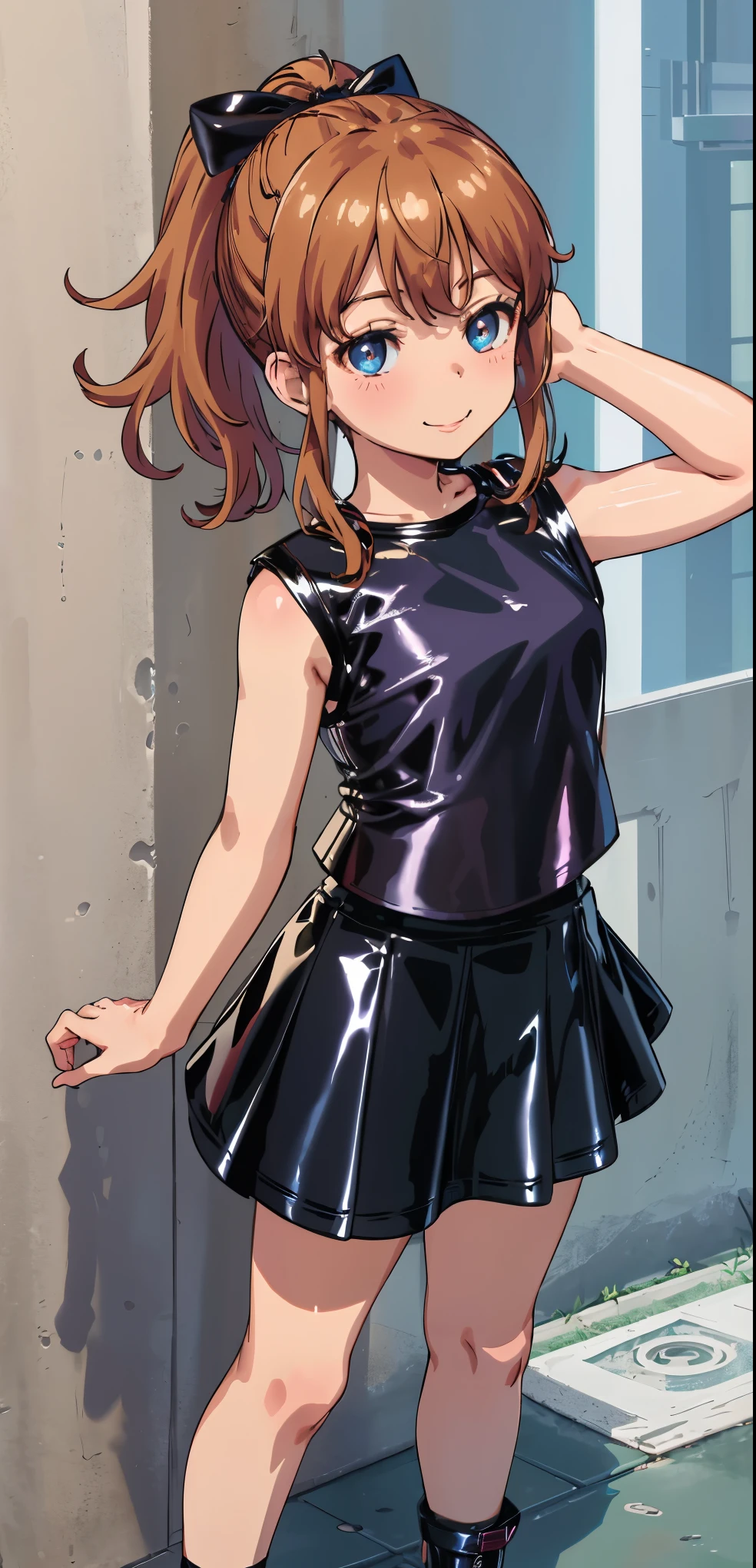 best quality, (masterpiece:1.2), highly detailed, standing, street,
1girl, solo, akatsuki minami,
looking at the viewer, closed mouth, smile, slight blush,
blue eyes, brown hair, ponytail, hair bow, sleeveless, (((dominant girl, latex skirt,  latex shirt )))