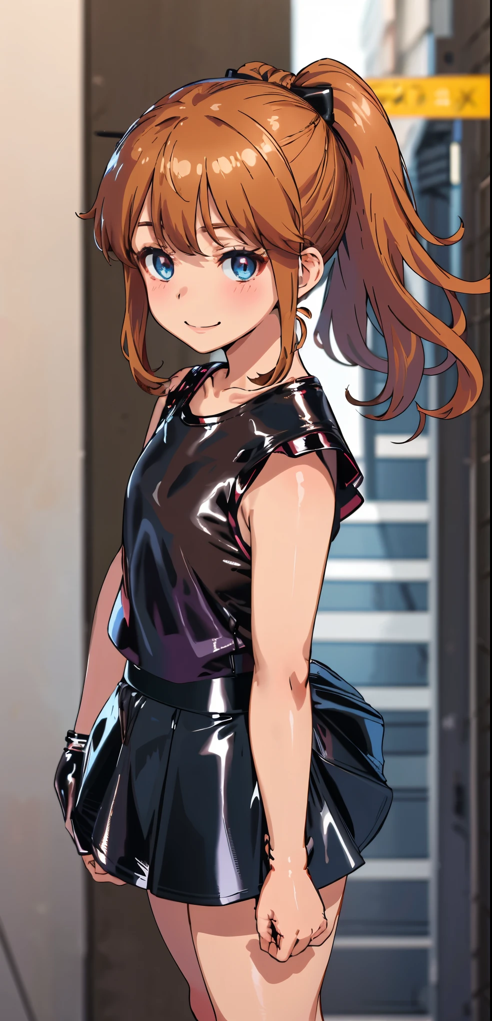 best quality, (masterpiece:1.2), highly detailed, standing, street,
1girl, solo, akatsuki minami,
looking at the viewer, closed mouth, smile, slight blush,
blue eyes, brown hair, ponytail, hair bow, sleeveless, (((dominant girl, latex skirt,  latex shirt )))