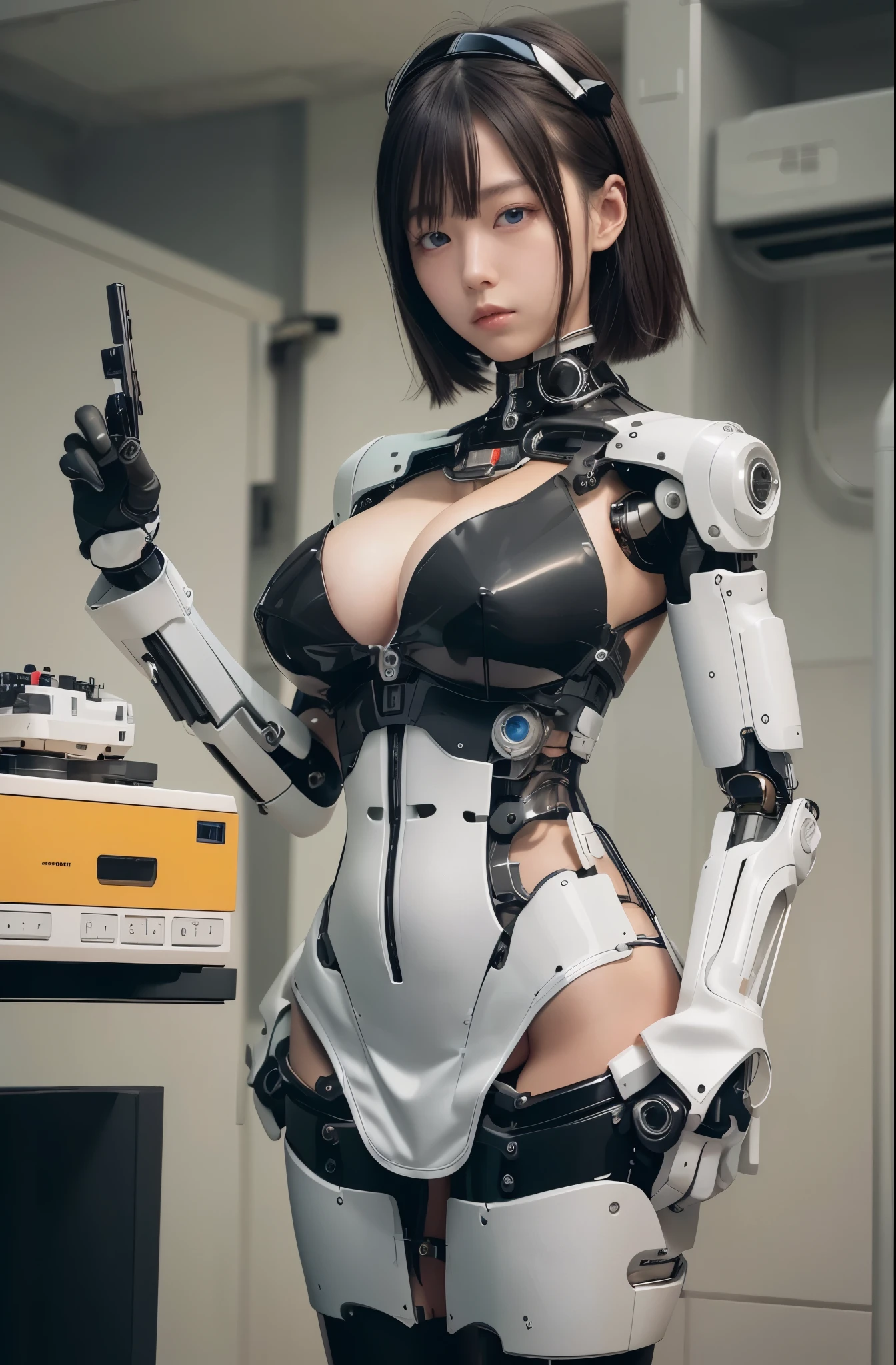 masterpiece, best quality, extremely detailed, 8k portrait, Japaese android Girl,Plump,control panels,Mechanical Hand, Robot arms and legs, Black Robot Parts,Mechanical body,Blunt bangs,perfect mechanical abdomen,White robotics parts,perfect robot woman,future laboratory,charging spot,laboratory,long tube,thick cable connected her neck,ceramic body ,perfect mechanical body, white robot body,android,robot humanoid,black sponge joints,The removable cover is in the groin,The connection port is in the groin,opened chest panel,access panel on the chest,white machine body,white robot body,white ceramic breast,perfect plastic breast,She has repaired,assembly plant,miniskirt,leather boots,blue eyes