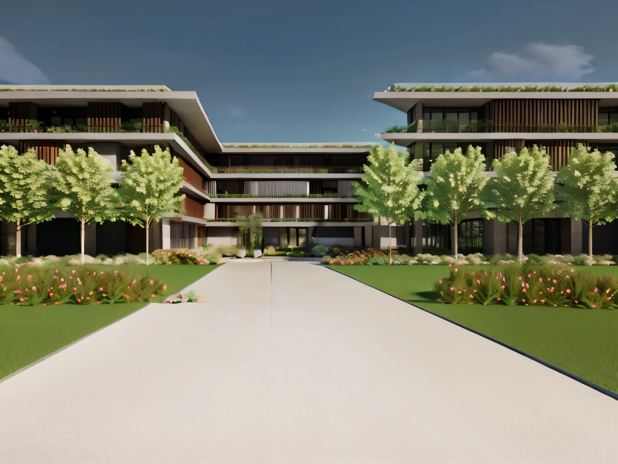 rendering of a courtyard with a walkway and trees in the background, architectural rendering, architectural rendering, grande angular exterior 2022, luminous rendering, architectural visualization, professional rendering, architectural 3D rendering, complex 3 d render, complex 3d render, 3D rendering view, intermediate vision, finalrender, renderizar coroa, architectural visualization