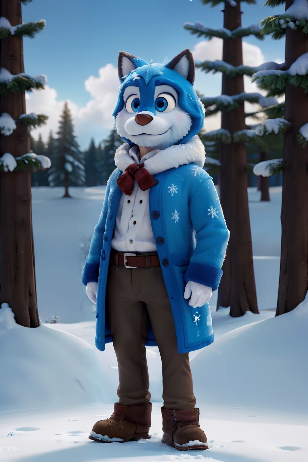A man, dressed in a thick fursuit, is standing still in the middle of a winter forest. His breath forms small clouds in the chill air as he gazes at the frozen landscape around him. His blue eyes are wide with wonder and a hint of fear. Why are you frozen, man of the snowy wilderness? Is it the magical enchantment of the winter season that has captured you, or perhaps a deeper, more personal reason that keeps you rooted to the spot? Whatever the reason, the beauty of the frozen world surrounds him, making his stillness a testament to the wonder and mystery of the winter season.