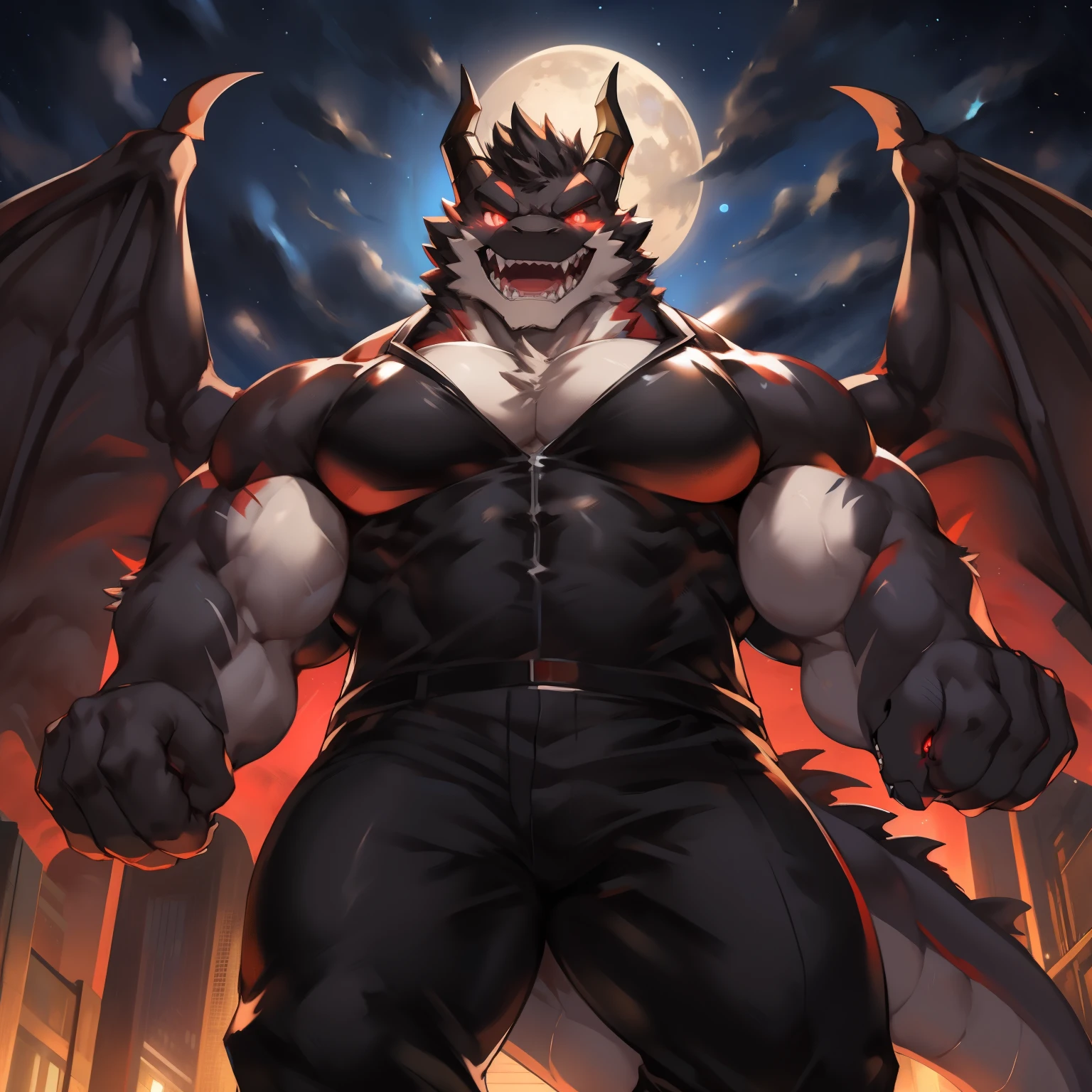 alone, male, through dark gems,by juiceps, Permanently installed, flying dragon, white fur, red eyes, glowing eyes, muscular, huge, High, robust, Strong, shallow, Wide, Thick, huge二头肌, huge pecs, teeth, fangs, giggle, rape face, expression, (((black suit))), black dress pants, air, night, moon, dramatic lighting, Star