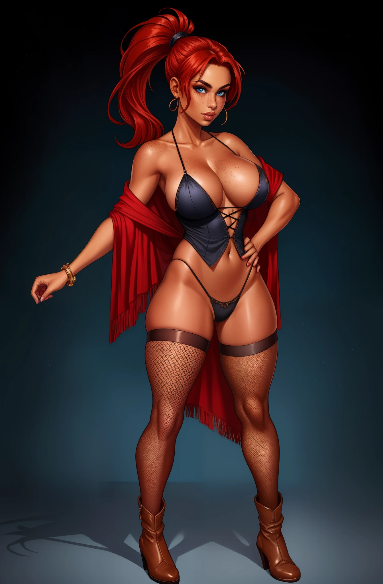 bronze skin, tanned, gorgeous woman, full body shot, lithe, blank background, black background, tattered clothes, robe, boots, red hair, freckles, piercing blue eyes, pony tails, fishnet pantyhose