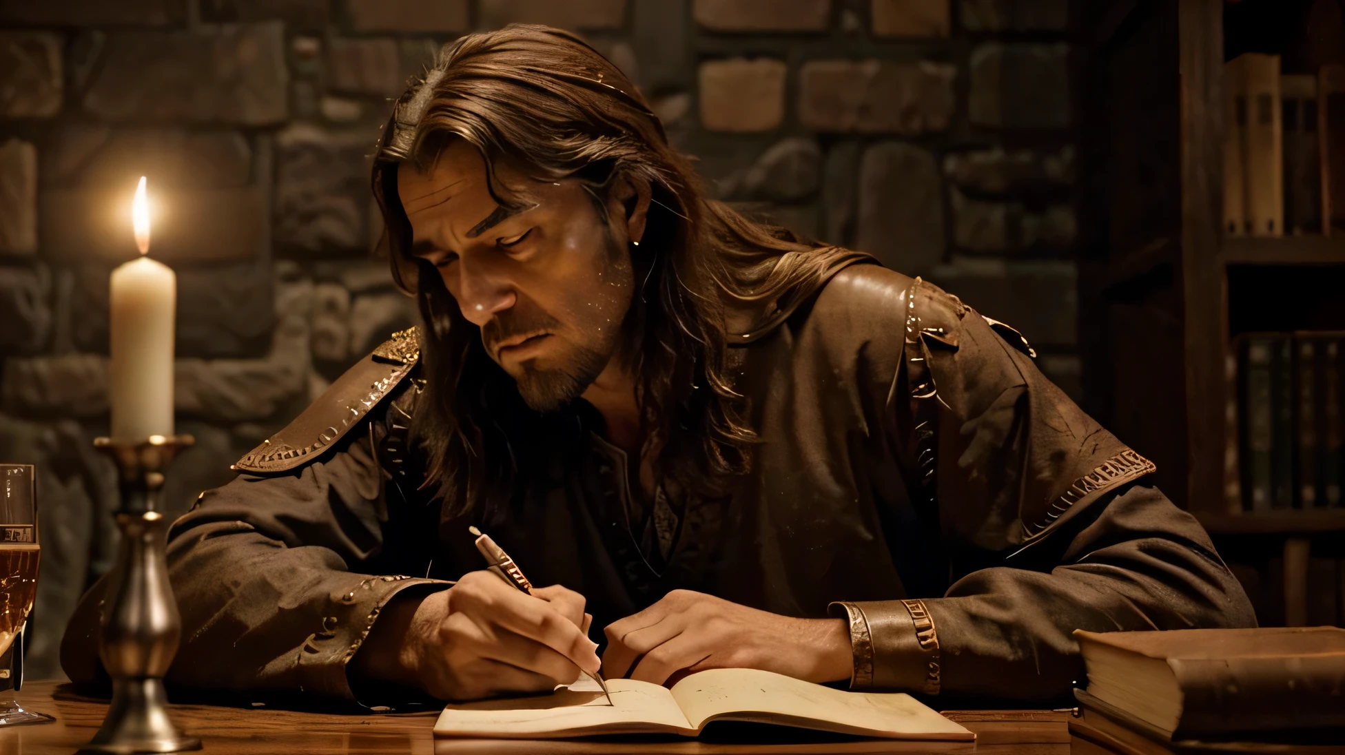 a close-up of a king in profile sitting at a table in his medieval castle, rei sentado escrevendo com canetas de pena, Christopher Lloyd como Belial, Nicodemos, da vinci and pixar, Santo. Jerome writing the vulgate. luz de velas