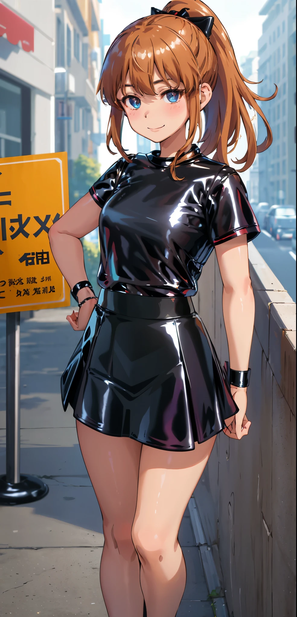 best quality, (masterpiece:1.2), highly detailed, standing, street,
1girl, solo, akatsuki minami,
looking at the viewer, closed mouth, smile, slight blush,
blue eyes, brown hair, ponytail, hair bow, sleeveless, (((dominant girl, latex skirt,  latex shirt )))