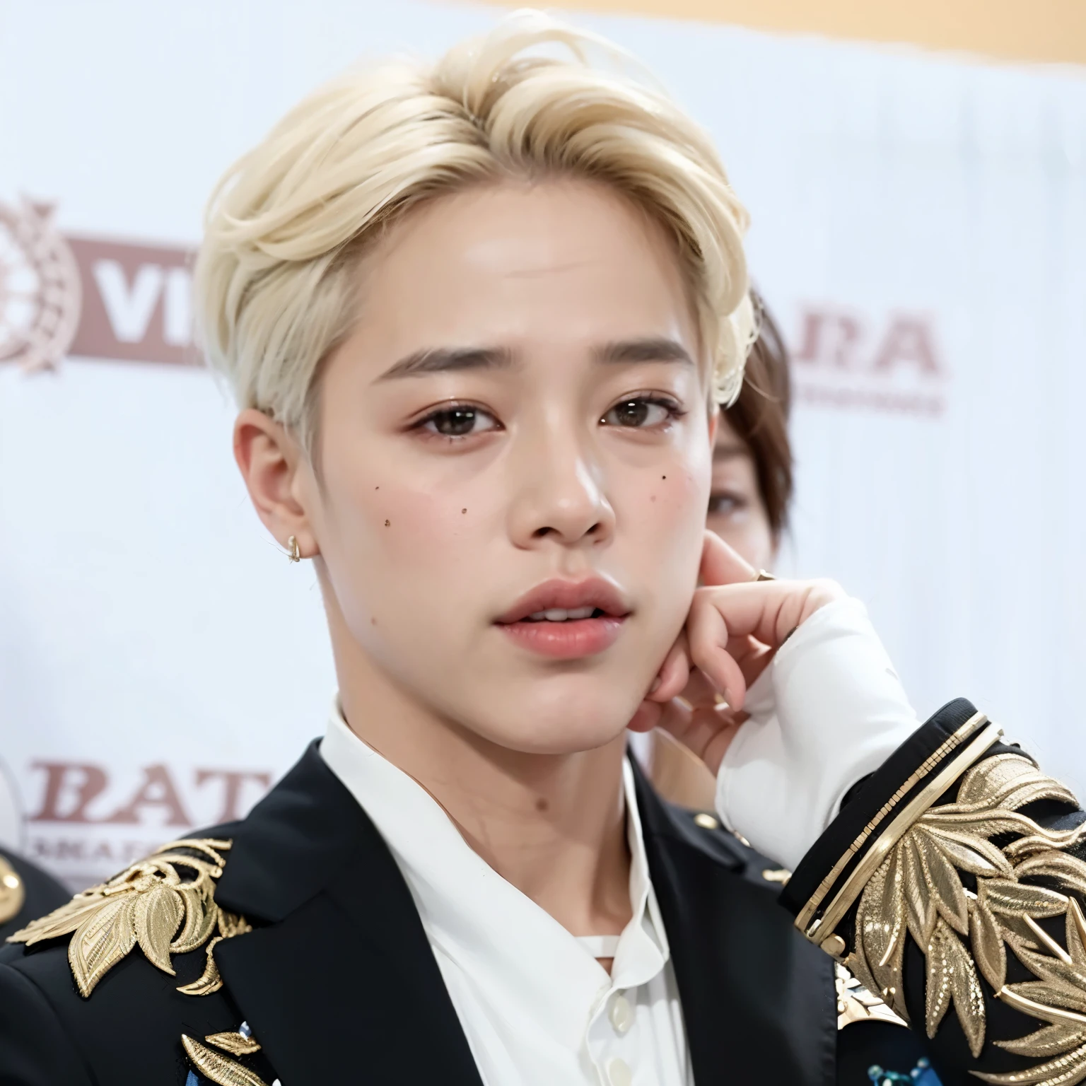 um close up de uma pessoa com uma jaqueta preta e uma camisa branca, Jimin\the full lips, Jimin, park Jimin, Jimin\the right eyelid is swollen, accurate Jimin face, Jimin\o nariz grego, Jimin, Park Jimin, Park Jimin, park jimin, Retrato de park jimin do bts, kpop idol portrait, hyung jimin