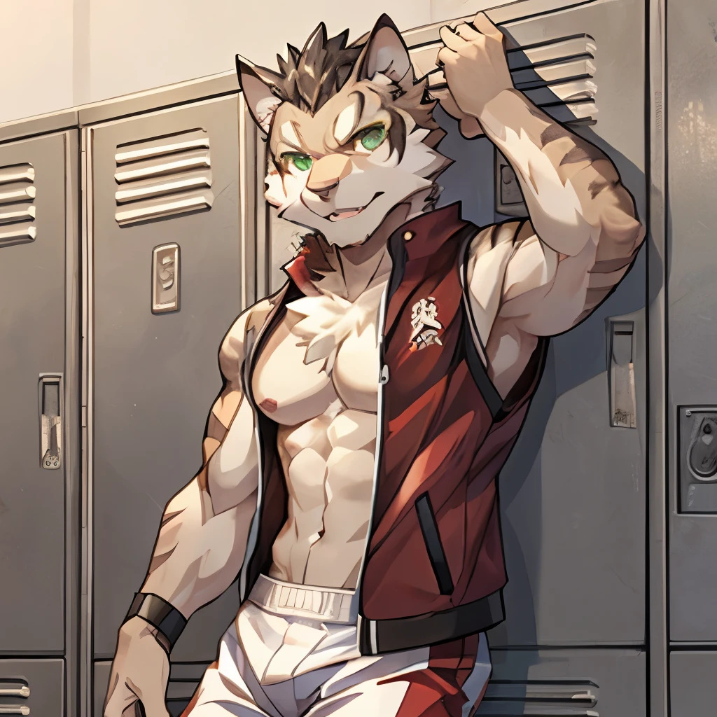 yan shu chi, red vest, white shorts, green eyes, unzipped vest, navel, nipples, locker room background, 