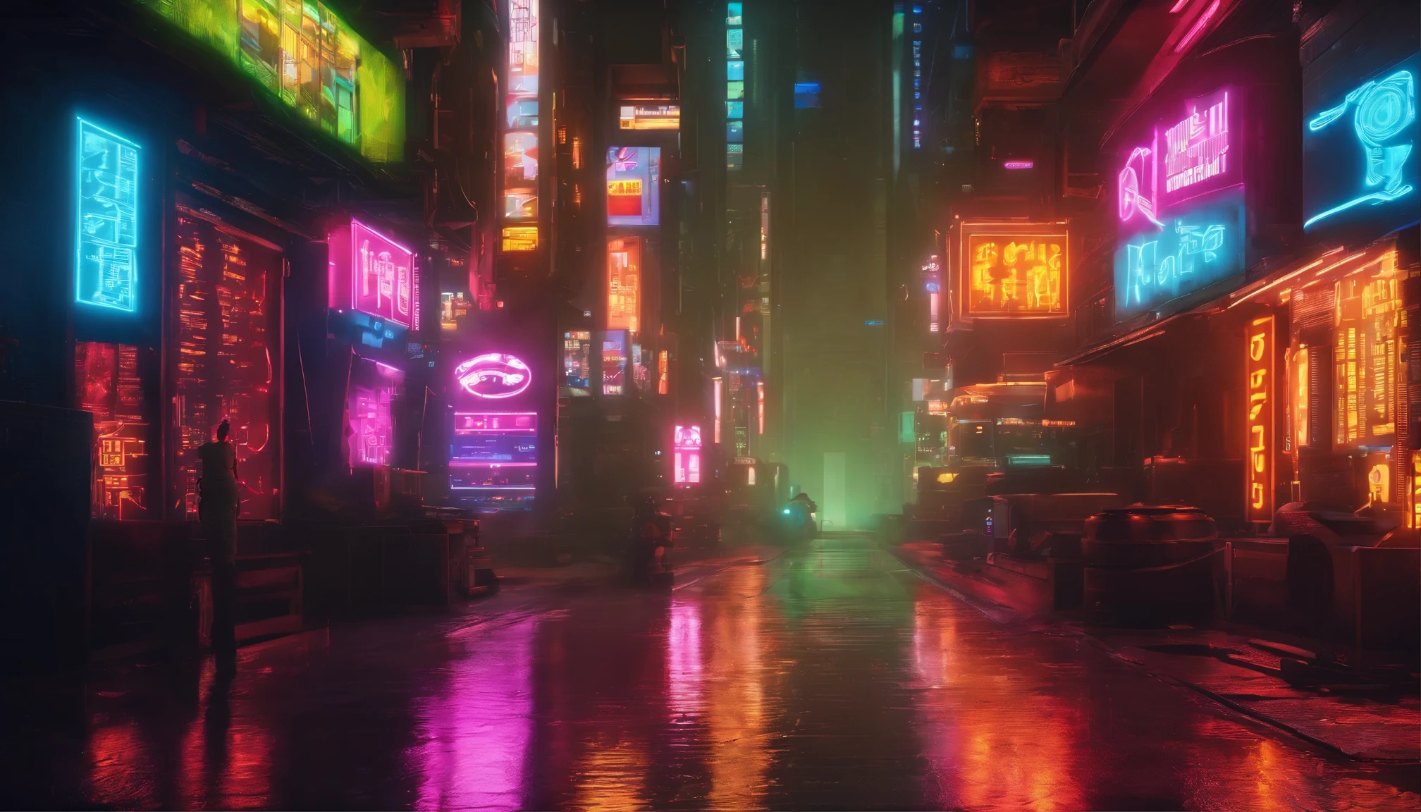Imagen de una calle cyberpunk, a cyberpunk city landscape environment, lluvia, suelo con charcos de agua, estilo animado, luces de neon, edificios altos, rascacielos, arte profesional, perfect composition, 8K, hermoso, intrincado, maximum detail, detallado, anamorphic cinematic look, neon, cyber, Alta calidad, Crisp and crisp, Aspecto de Blade Runner,