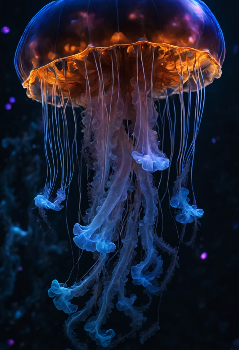high quality closeup of a bioluminescent neon psionic crystal sapphire blue glowing jellyfish ! underwater ! iridescent, translucent, galaxy night sky background ! highly detailed and intricate professional photography, high contrast, deep blacks, rich colors, octane photograph, ultra detailed, ray tracing Perfect composition, Centered view, dynamic lighting; volumetric lighting a masterpiece, 8k resolution concept art, cgsociety, Hyperrealism, Masterpiece, Chiaroscuro, cinematic film still