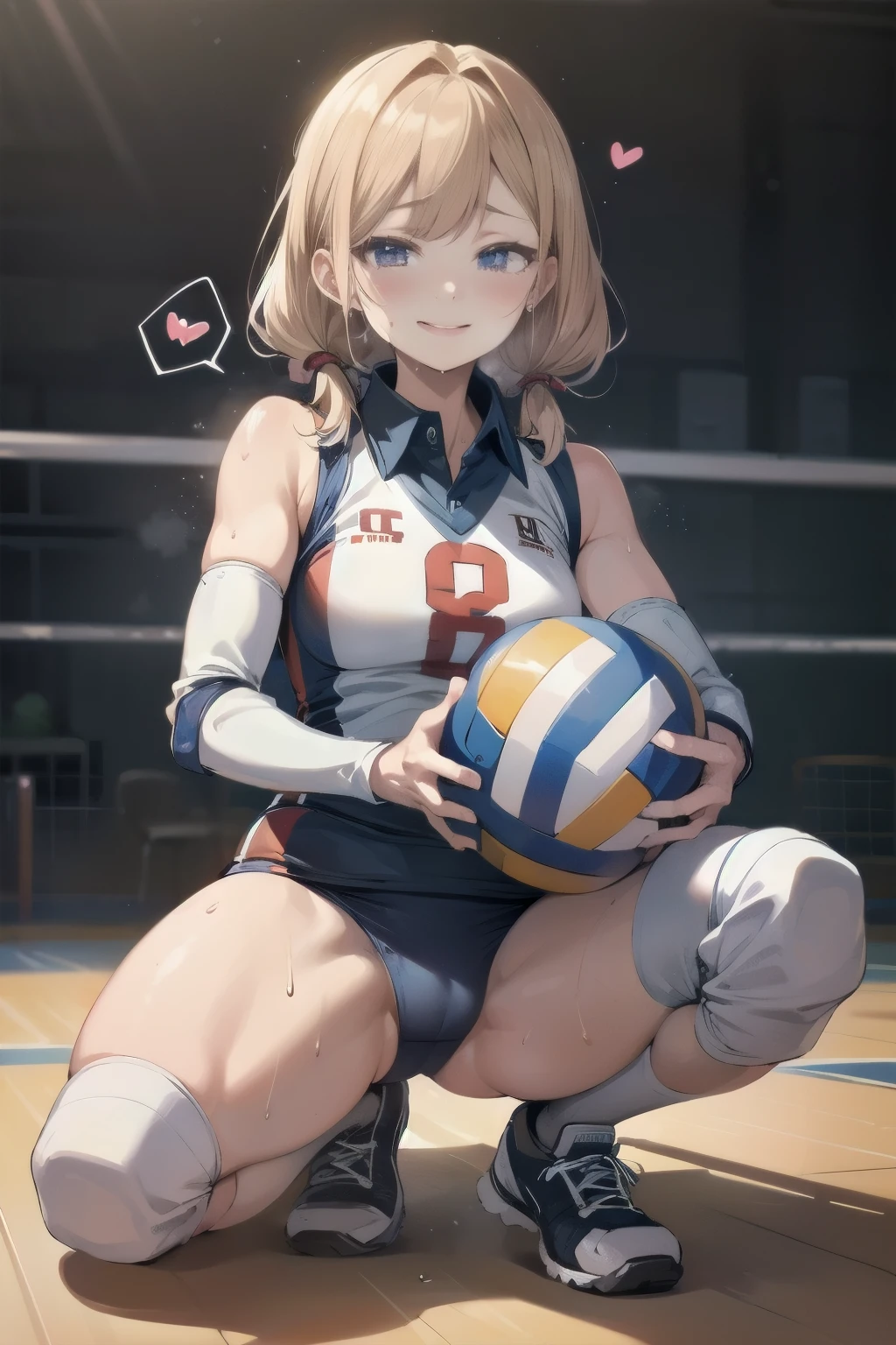 unity 8k wallpaper, anatomically correct, (((masterpiece))), (((best quality))), (((ultra detailed))), (((high-resolution))), ((Ultimate cutie)), perfect hands, perfect finger, (((good anatomy))), detailed beautiful face, shiny hair, (((gyaru))), (potbelly), (curvy), medium breasts, ((Thick thighs)), (((solo))), ((seductive smile)), (((blush))), 
BREAK, (((sit astride the perfectly spherical shape 6-inch volleyball))), (((Straddling a perfectly spherical 6" volleyball))), (((Perfectly spherical 6" volleyball fits perfectly crotch))), BREAK, (((Rub the  Perfectly spherical 6" volleyball against crotch))), (masturbation), 
BREAK, (Collared volleyball uniforms), sleeveless, ((buruma)), ((kneepad)), pussy juice stained, (elbow pad), (((sweat))), (((covered in sweat))), ((deep breathing)), in Volleyball Court, indoor, lighting,  looking at viewer, full body, (spoken heart)