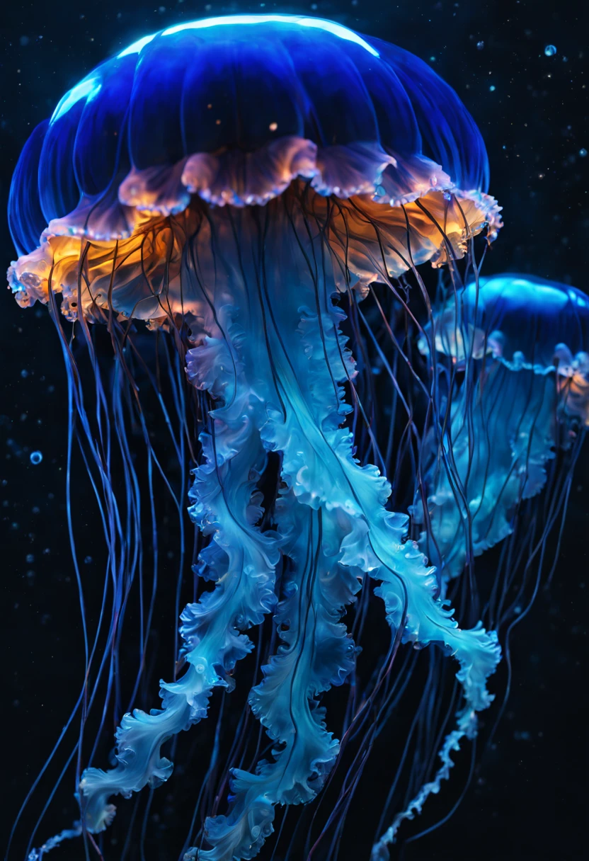high quality closeup of a bioluminescent neon psionic crystal sapphire blue glowing jellyfish ! underwater ! iridescent, translucent, galaxy night sky background ! highly detailed and intricate professional photography, high contrast, deep blacks, rich colors, octane photograph, ultra detailed, ray tracing Perfect composition, Centered view, dynamic lighting; volumetric lighting a masterpiece, 8k resolution concept art, cgsociety, Hyperrealism, Masterpiece, Chiaroscuro, cinematic film still