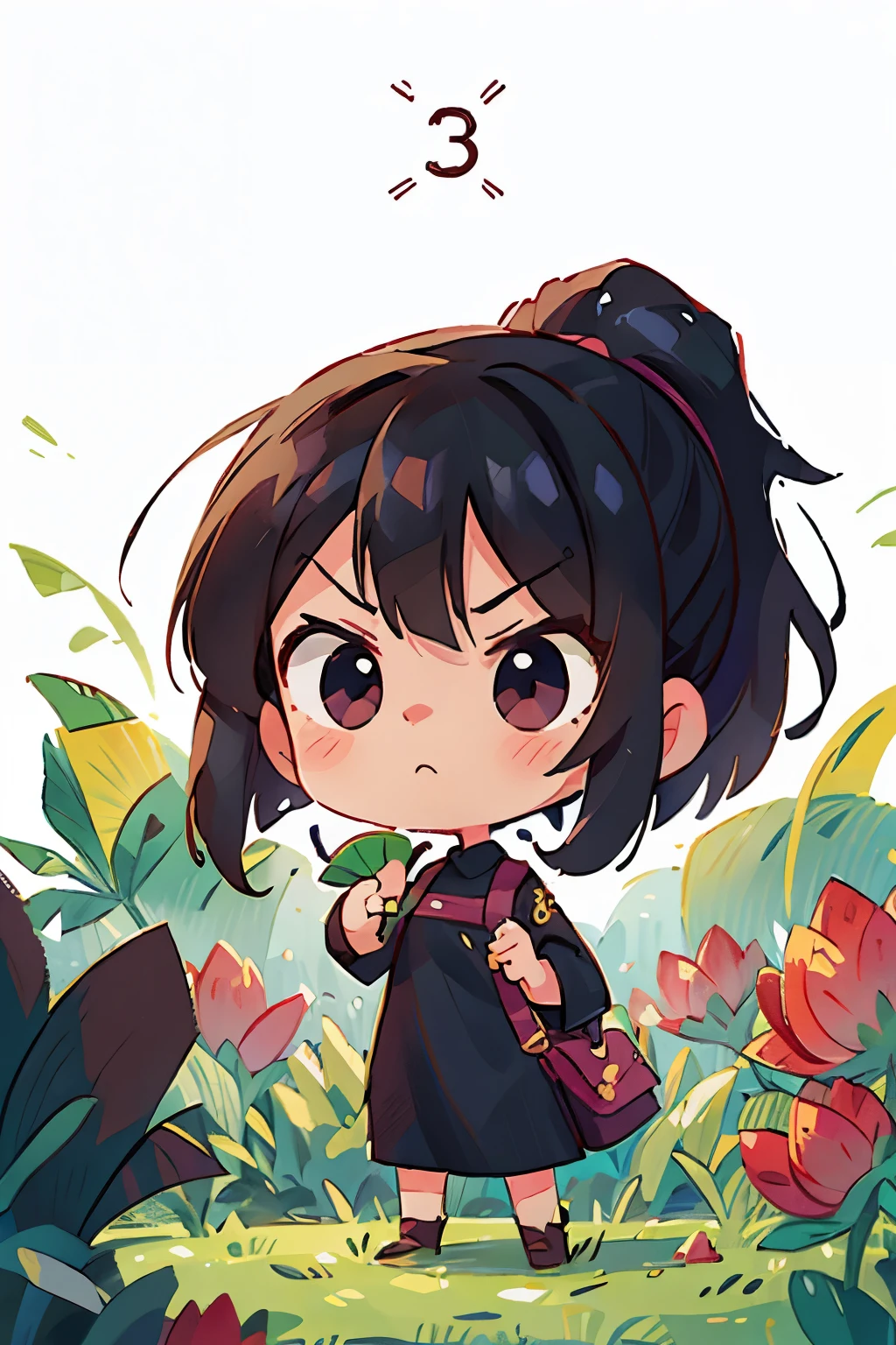 3 standing in a flower field、angry face、cute、black hair、ponytail、Straight hair、white dress、Portrait