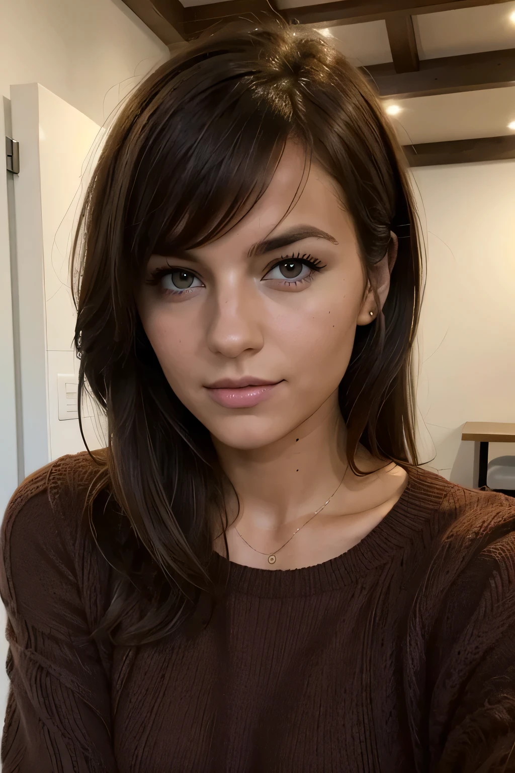 (((Anna Van der Vaart))), RAW photo, beautiful 26 y.o woman, cute face, very hot, wonderful goddess, shoulder-length black hair, bangs in front, brown eyes, wearing red sweather