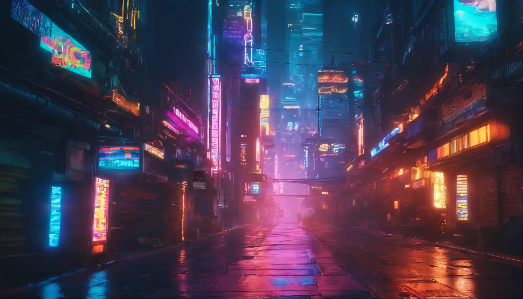 Imagen de una calle cyberpunk, a cyberpunk city landscape environment, lluvia, suelo con charcos de agua, estilo animado, luces de neon, edificios altos, rascacielos, arte profesional, perfect composition, 8K, hermoso, intrincado, maximum detail, detallado, anamorphic cinematic look, neon, cyber, Alta calidad, Crisp and crisp, Aspecto de Blade Runner,