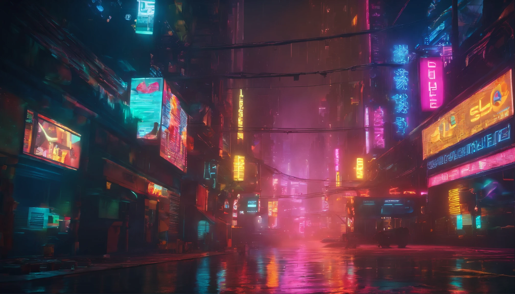 Imagen de una calle cyberpunk, a cyberpunk city landscape environment, lluvia, suelo con charcos de agua, estilo animado, luces de neon, edificios altos, rascacielos, arte profesional, perfect composition, 8K, hermoso, intrincado, maximum detail, detallado, anamorphic cinematic look, neon, cyber, Alta calidad, Crisp and crisp, Aspecto de Blade Runner,