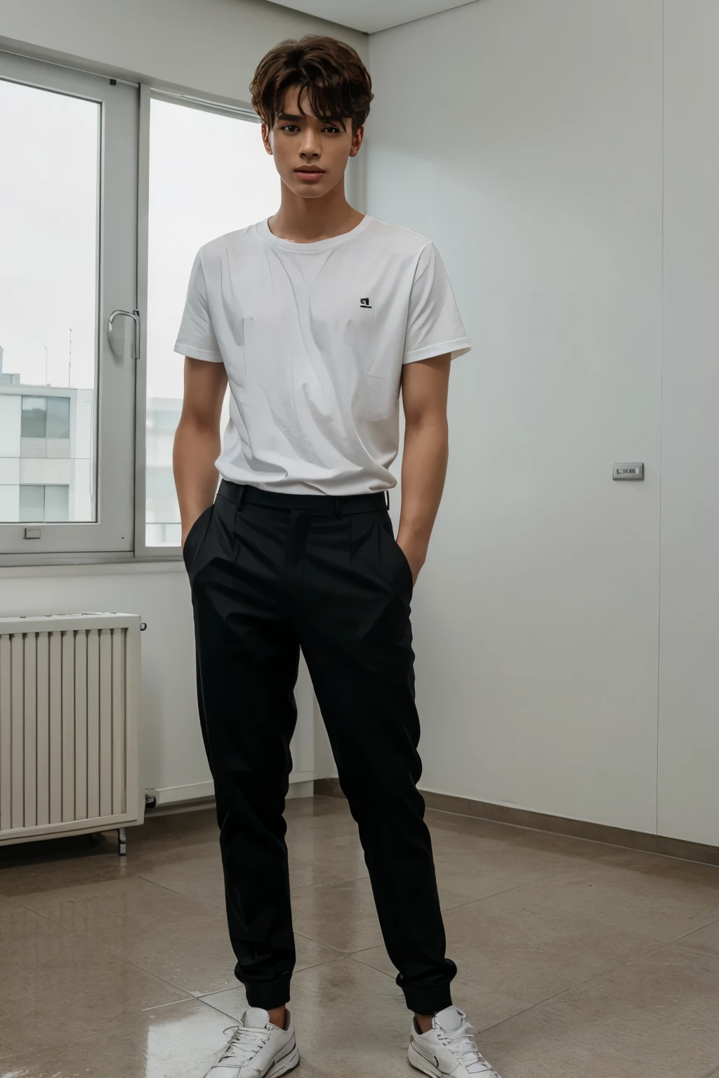 full body, mix of German ager man and rowoon korean actor curly short hair