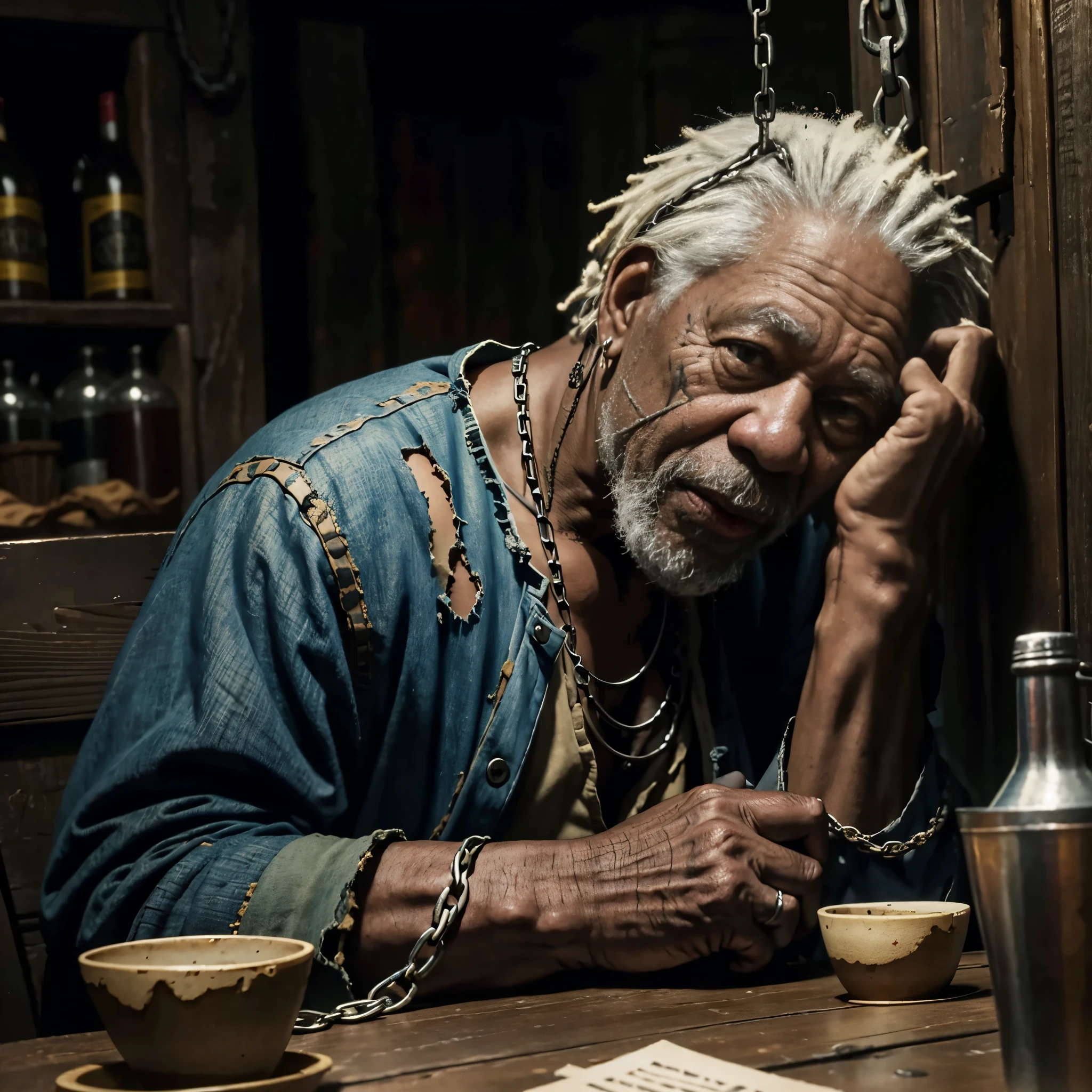 ragamuffin, old man, tattered clothes, Morgan Freeman's face, sitting закованый in chains in a tavern , high quality, Masterpiece