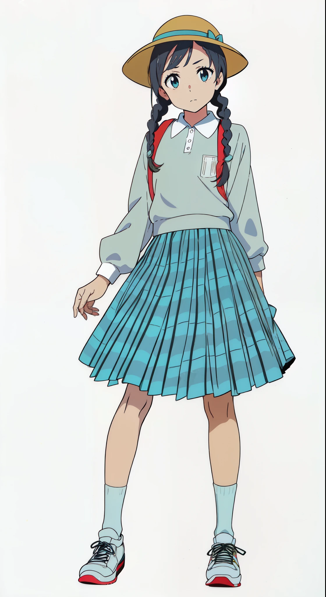 (white background:1.0), (best quality:1.0), (masterpiece:1.0), (super fine illustration:1.0), (beautiful artwork:1.0), (anime screencap:1.0), (official art:1.0), (full body:1.0), (solo:1.0), (ESGA:1.0), (a 12yo cute girl:1.5), (yellow hat:1.25), (red backpack:1.0), (long skirt:1.0), (green tartan skirt:1.0), (pleated skirt:1.0), (aqua blue polo shirt:1.0), (long sleeve polo shirt:1.0), (sneakers:1.0), (white socks:1.25), (ideal ratio body proportions:1.0), (lanky:1.0), (tall:1.0), (slender:1.0), (small breasts:1.0), (smaller face:1.0), (tareme:1.5), (detailed beautiful eyes:1.5), (detailed beautiful face:1.5), (glowing black eyes:1.1), (short hair:1.0), (swept bangs:1.5), (twin braids:1.5), (black hair:1.0), (looking at viewer:1.5)