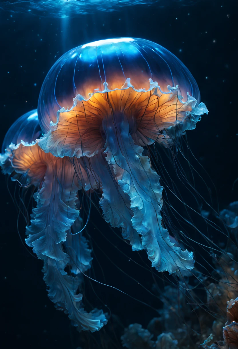 high quality closeup of a bioluminescent neon psionic crystal sapphire blue glowing jellyfish ! underwater ! iridescent, translucent, galaxy night sky background ! highly detailed and intricate professional photography, high contrast, deep blacks, rich colors, octane photograph, ultra detailed, ray tracing Perfect composition, Centered view, dynamic lighting; volumetric lighting a masterpiece, 8k resolution concept art, cgsociety, Hyperrealism, Masterpiece, Chiaroscuro, cinematic film still