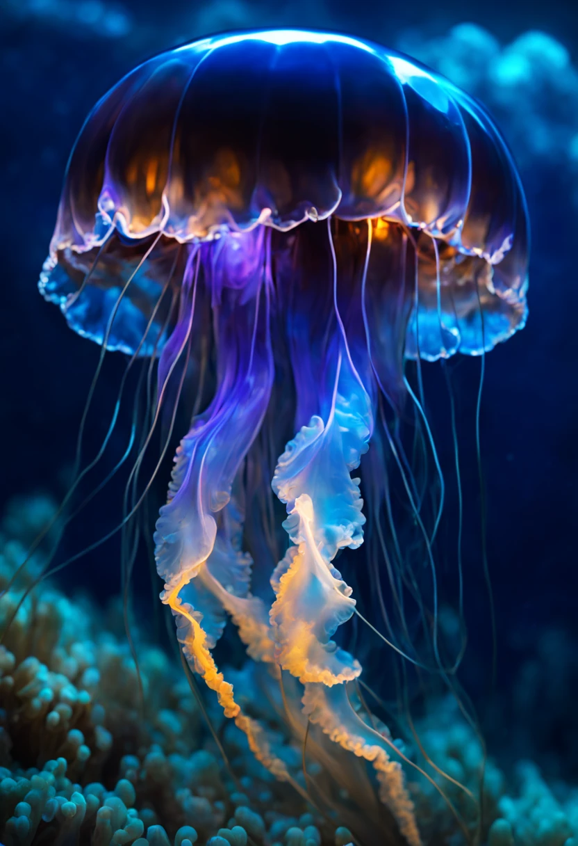 high quality closeup of a bioluminescent neon psionic crystal sapphire blue glowing jellyfish ! underwater ! iridescent, translucent, galaxy night sky background ! highly detailed and intricate professional photography, high contrast, deep blacks, rich colors, octane photograph, ultra detailed, ray tracing Perfect composition, Centered view, dynamic lighting; volumetric lighting a masterpiece, 8k resolution concept art, cgsociety, Hyperrealism, Masterpiece, Chiaroscuro, cinematic film still