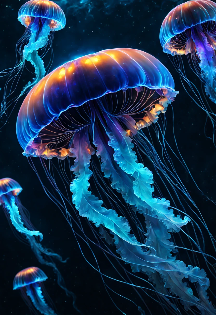 high quality closeup of a bioluminescent neon psionic crystal sapphire blue glowing jellyfish ! underwater ! iridescent, translucent, galaxy night sky background ! highly detailed and intricate professional photography, high contrast, deep blacks, rich colors, octane photograph, ultra detailed, ray tracing Perfect composition, Centered view, dynamic lighting; volumetric lighting a masterpiece, 8k resolution concept art, cgsociety, Hyperrealism, Masterpiece, Chiaroscuro, cinematic film still